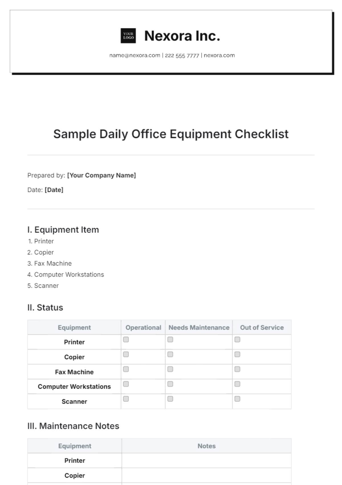 Sample Daily Office Equipment Checklist Template