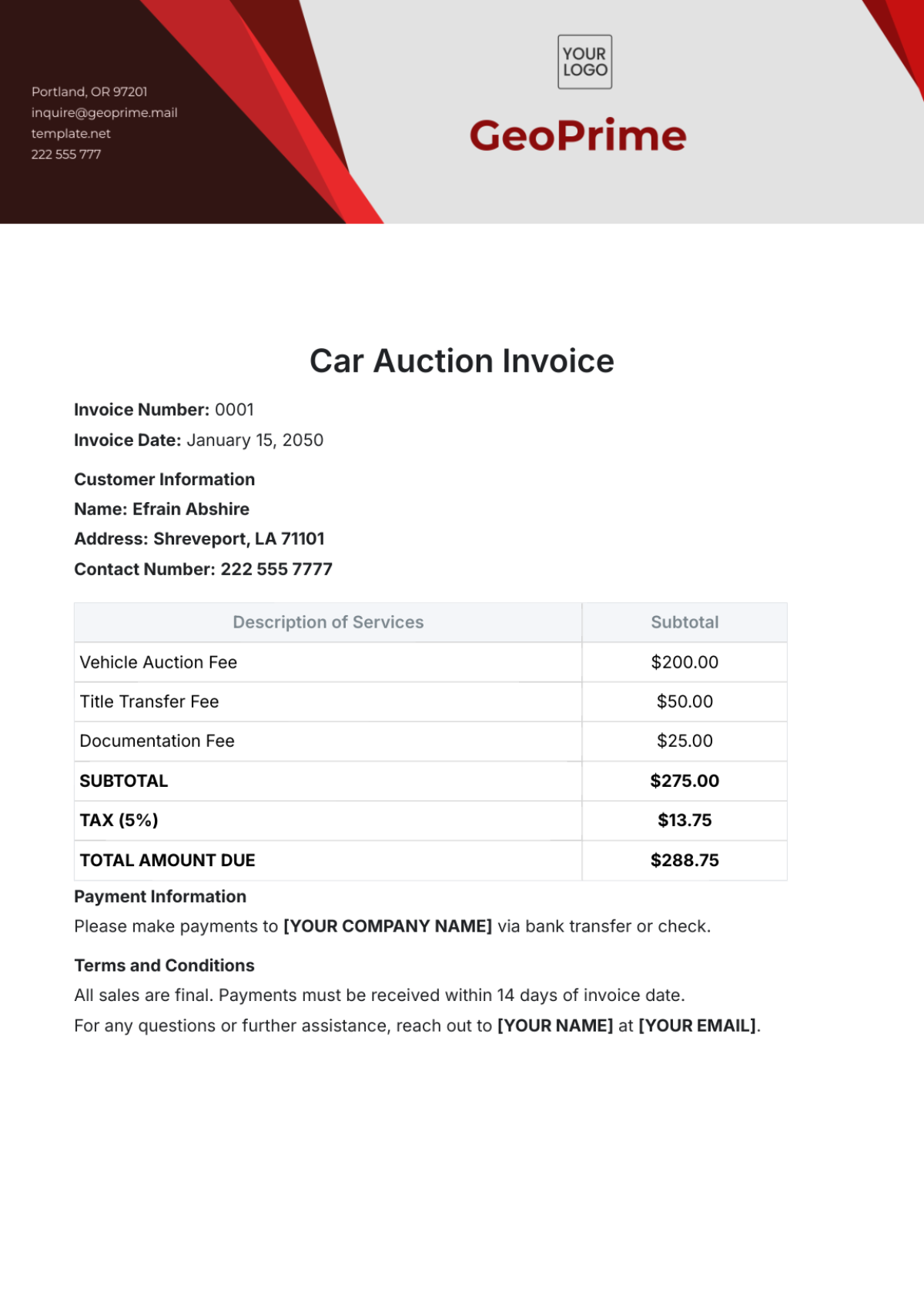 Car Auction Invoice Template - Edit Online & Download