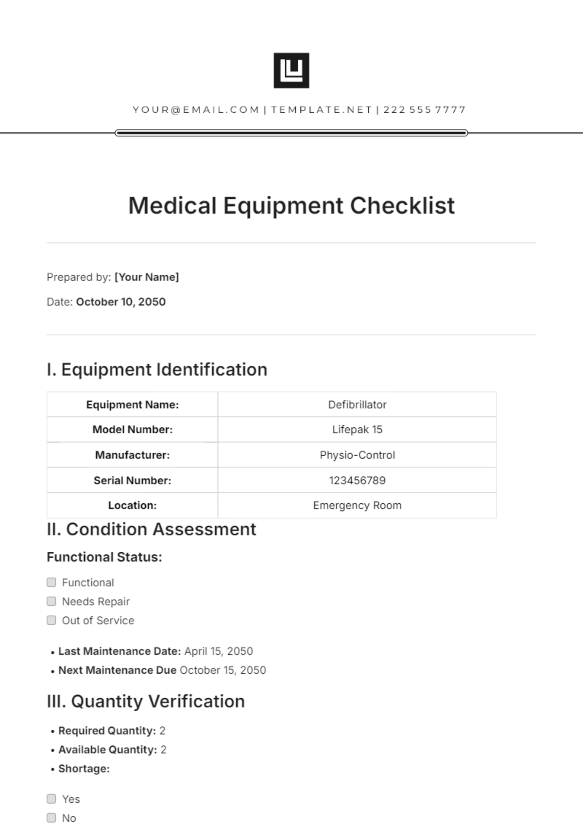 Medical Equipment Checklist Template