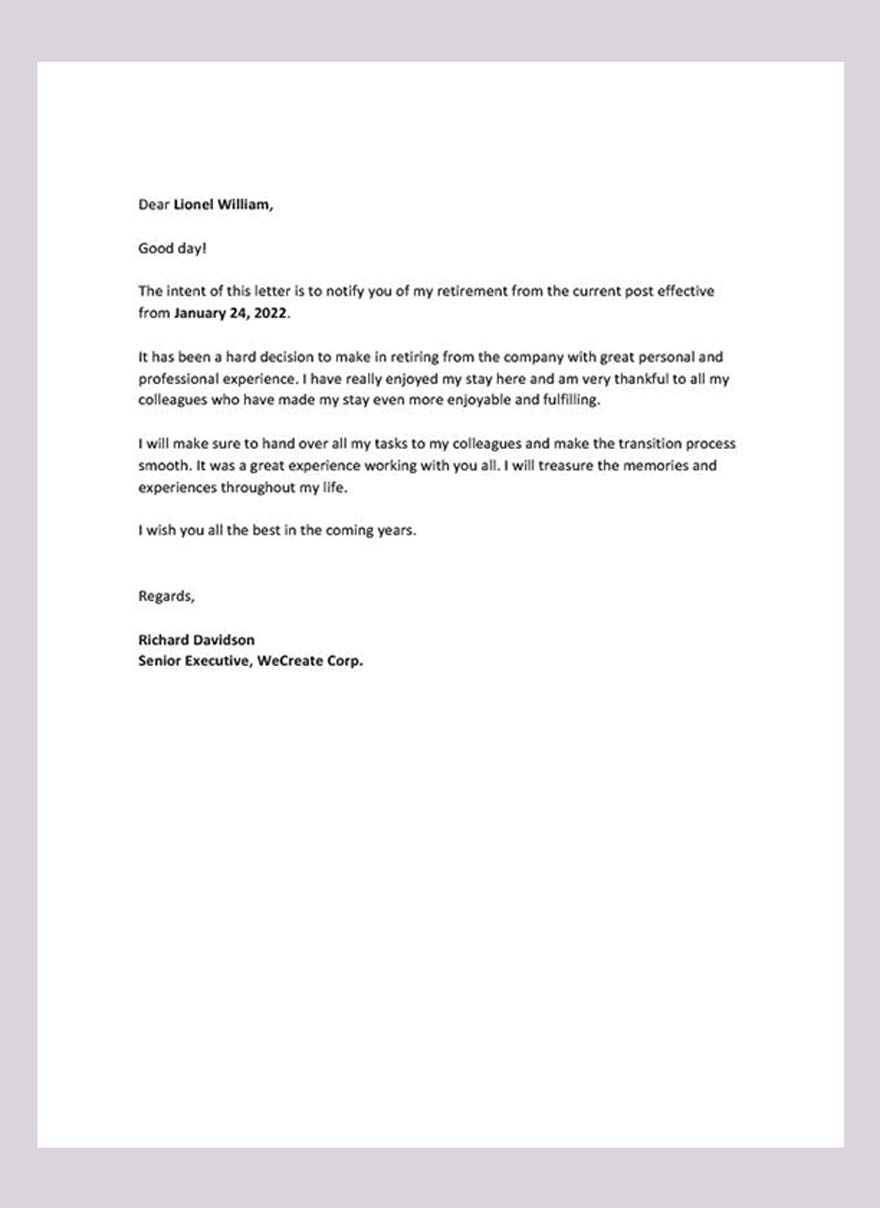 Retirement Resignation Letter Template - Google Docs, Word | Template.net