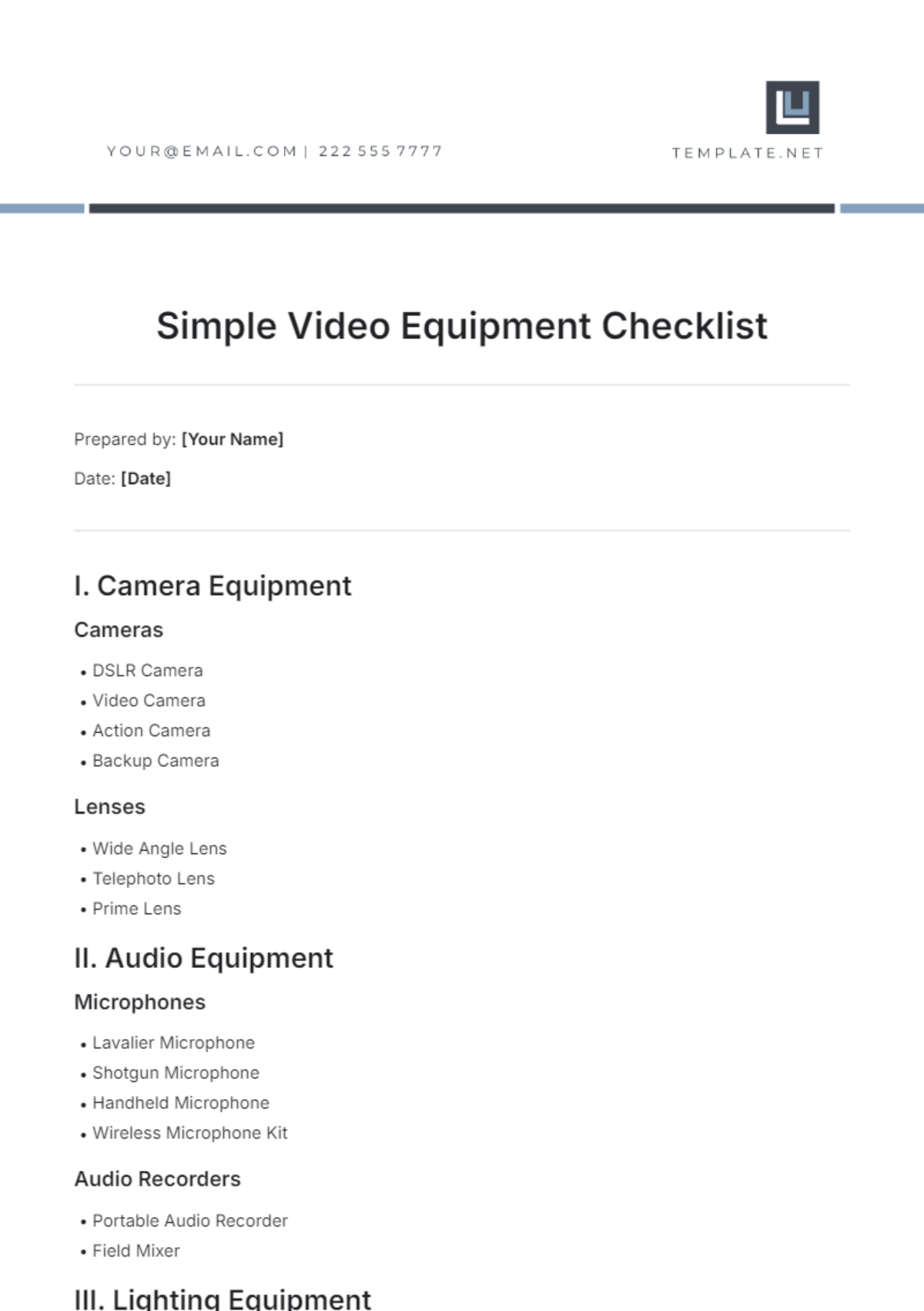 Simple Video Equipment Checklist Template