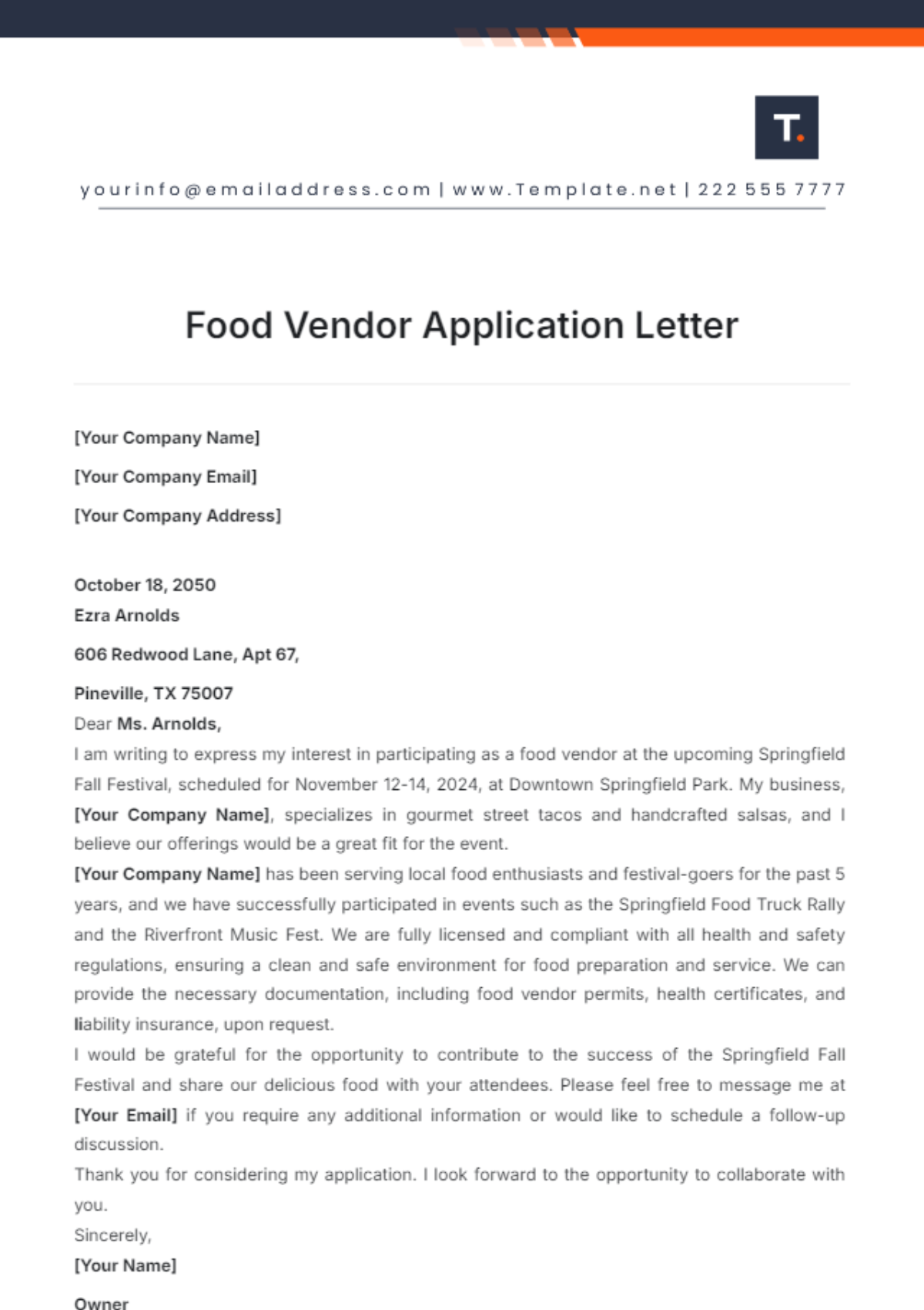 Food Vendor Application Letter Template - Edit Online & Download