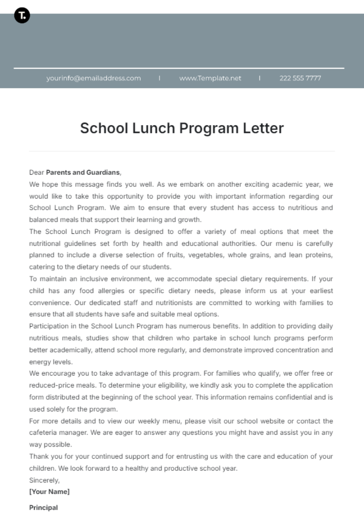 School Lunch Program Letter Template - Edit Online & Download