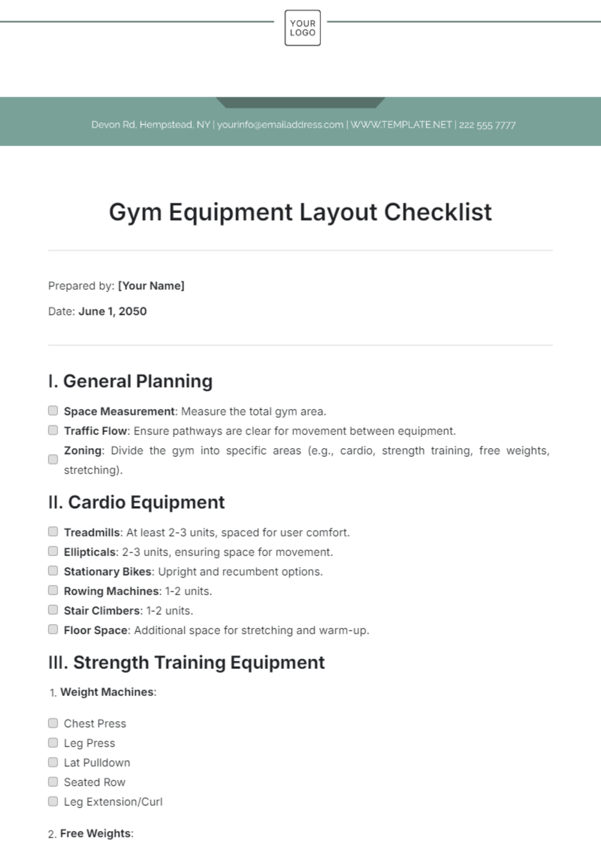 Gym Equipment Layout Checklist Template