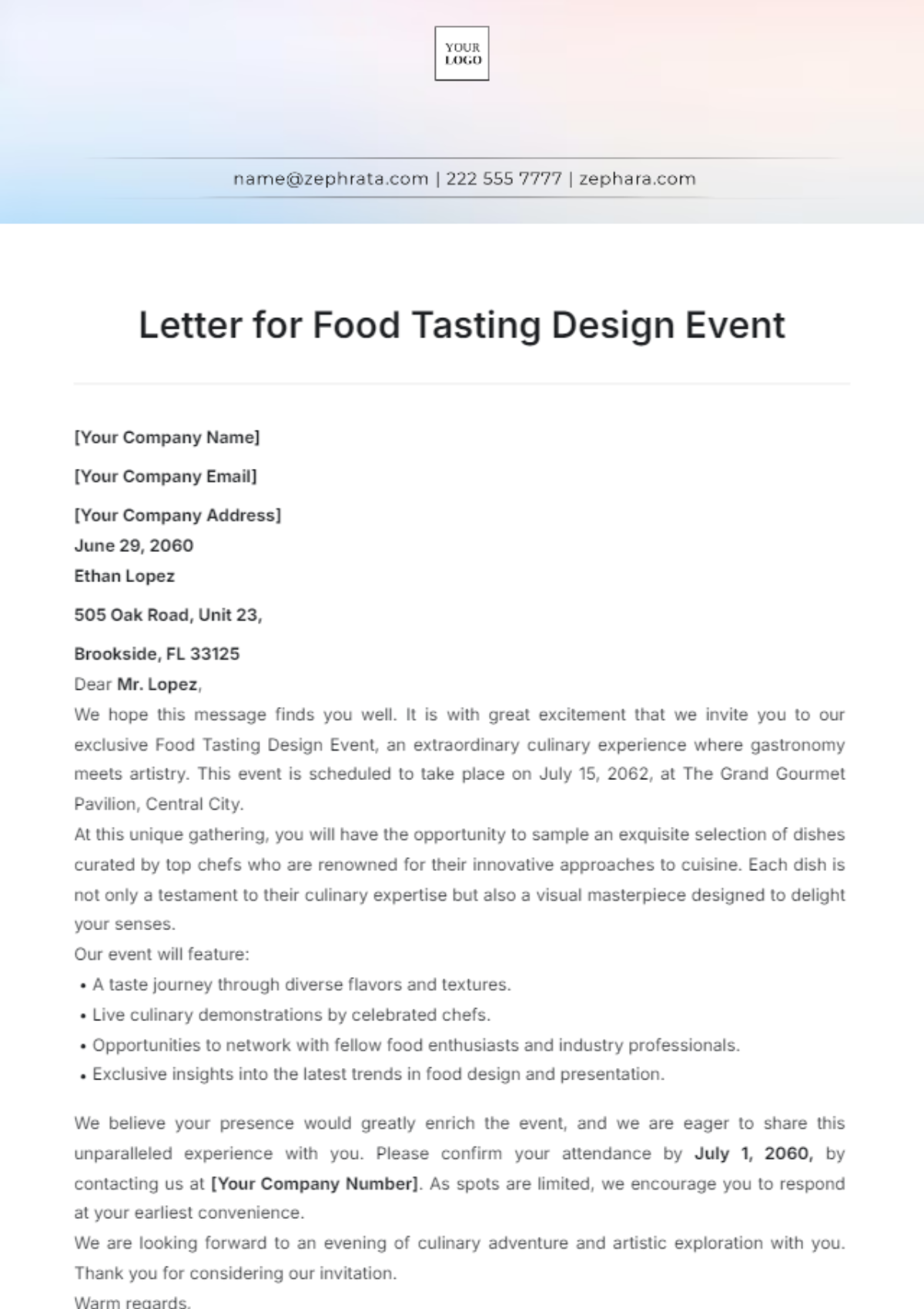 Letter for Food Tasting Design Event Template - Edit Online & Download