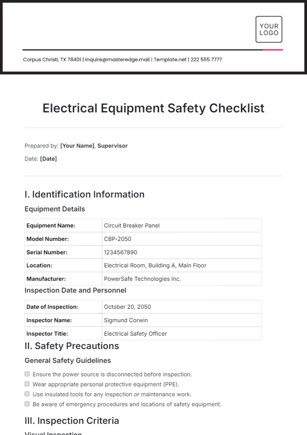 Electrical Equipment Safety Checklist Template - Edit Online & Download