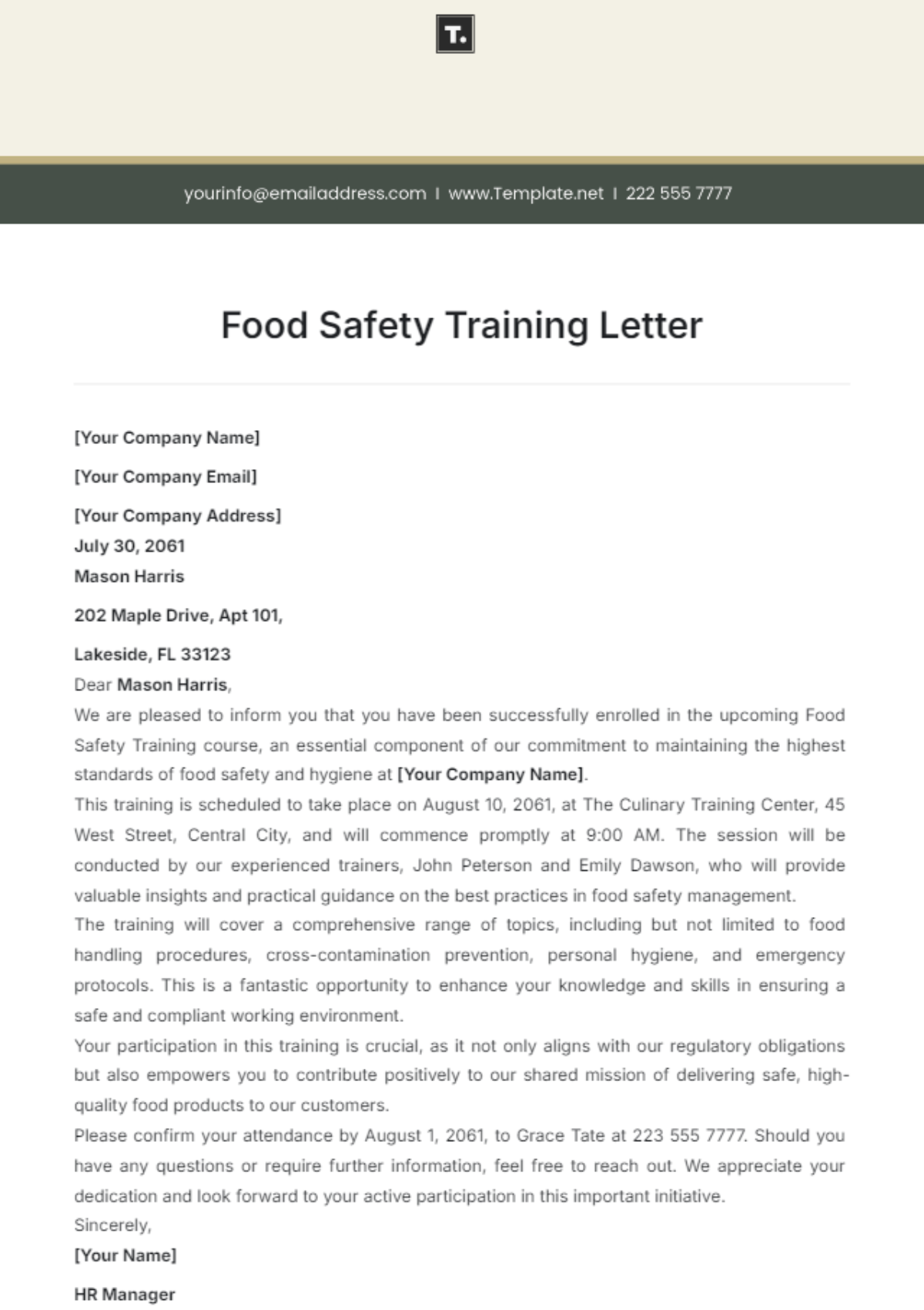 Food Safety Training Letter Template - Edit Online & Download