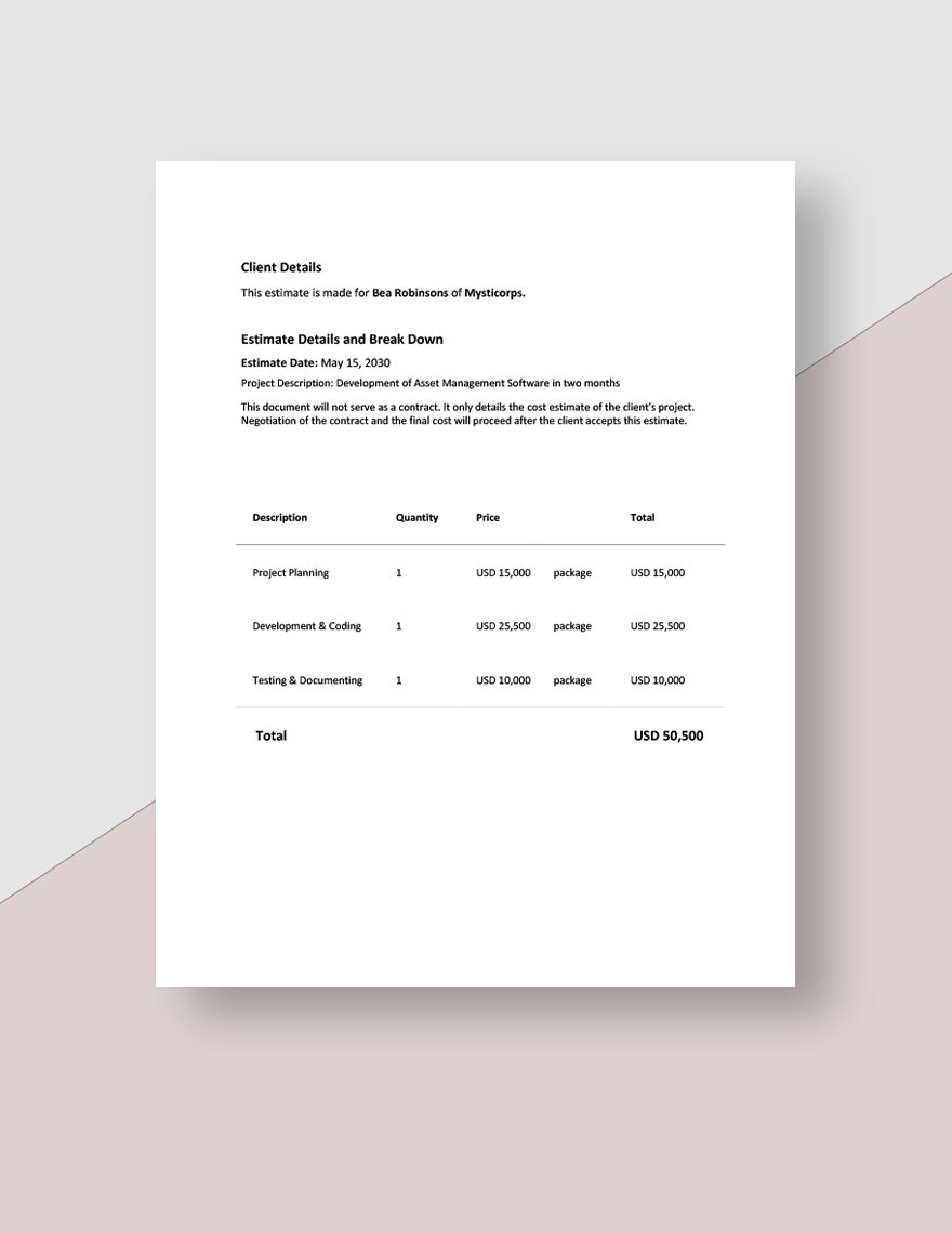 Software Project Budget Estimate Format