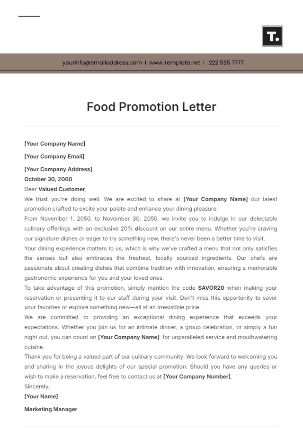 Food Promotion Letter Template - Edit Online & Download