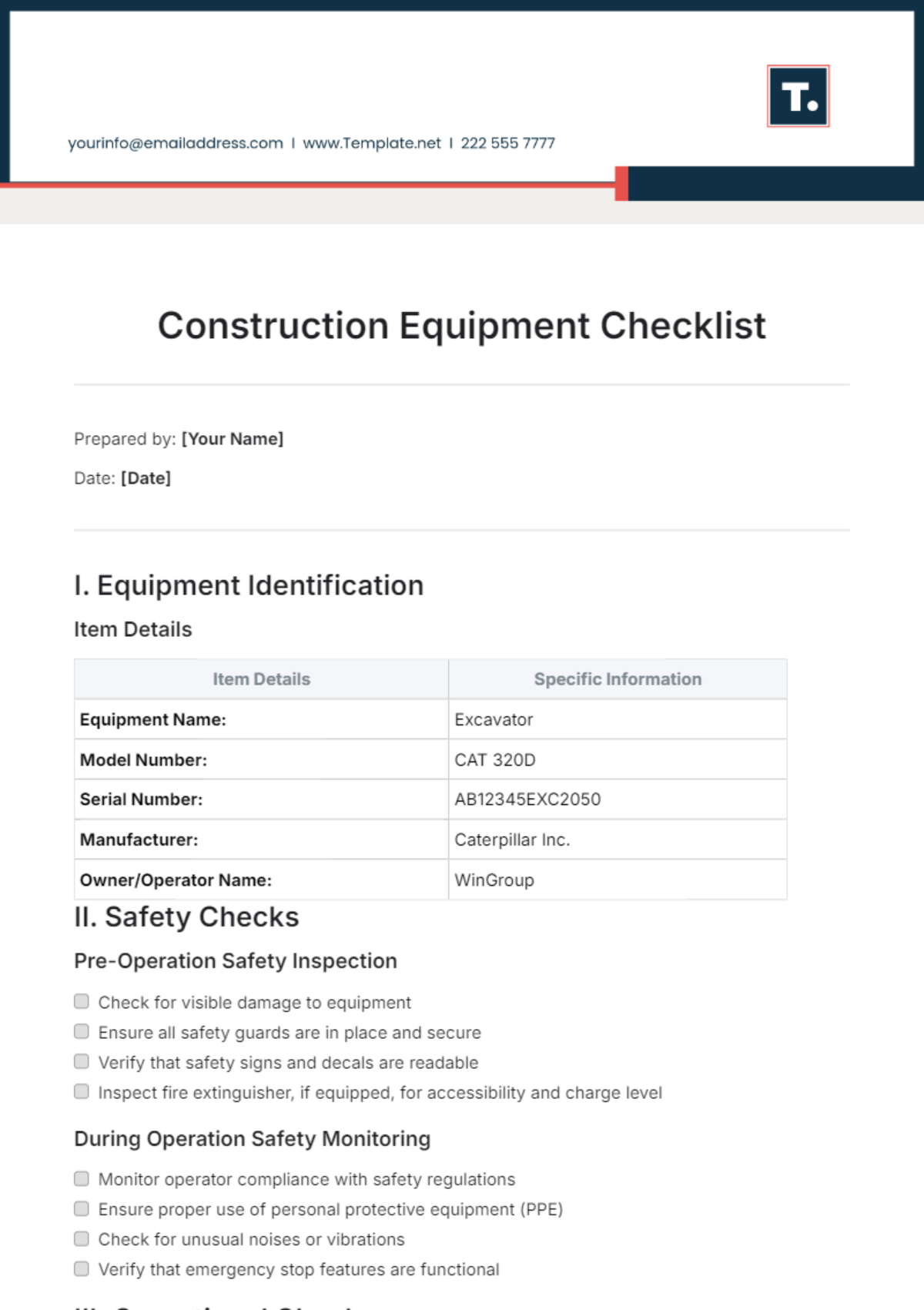 Construction Equipment Checklist Template