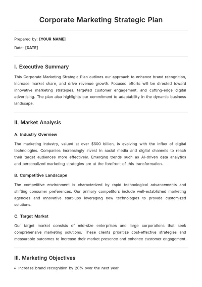 Free Corporate Marketing Strategic Plan Template to Edit Online