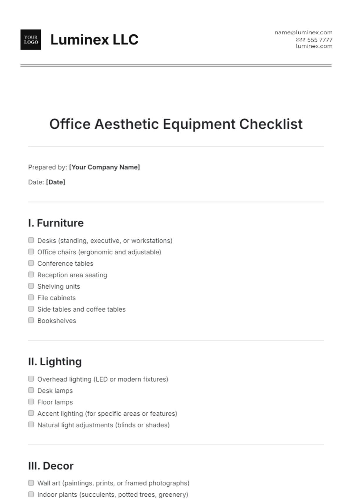 Office Aesthetic Equipment Checklist Template