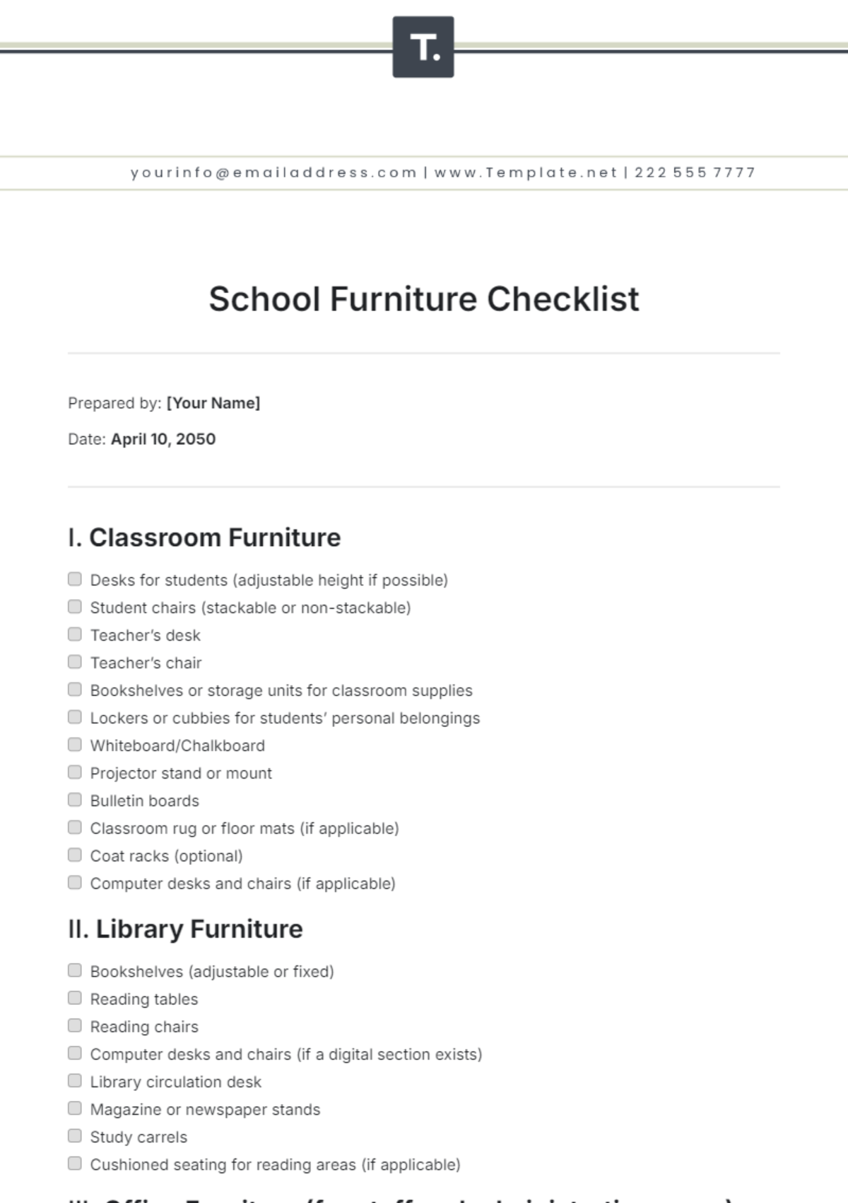 School Furniture Checklist Template