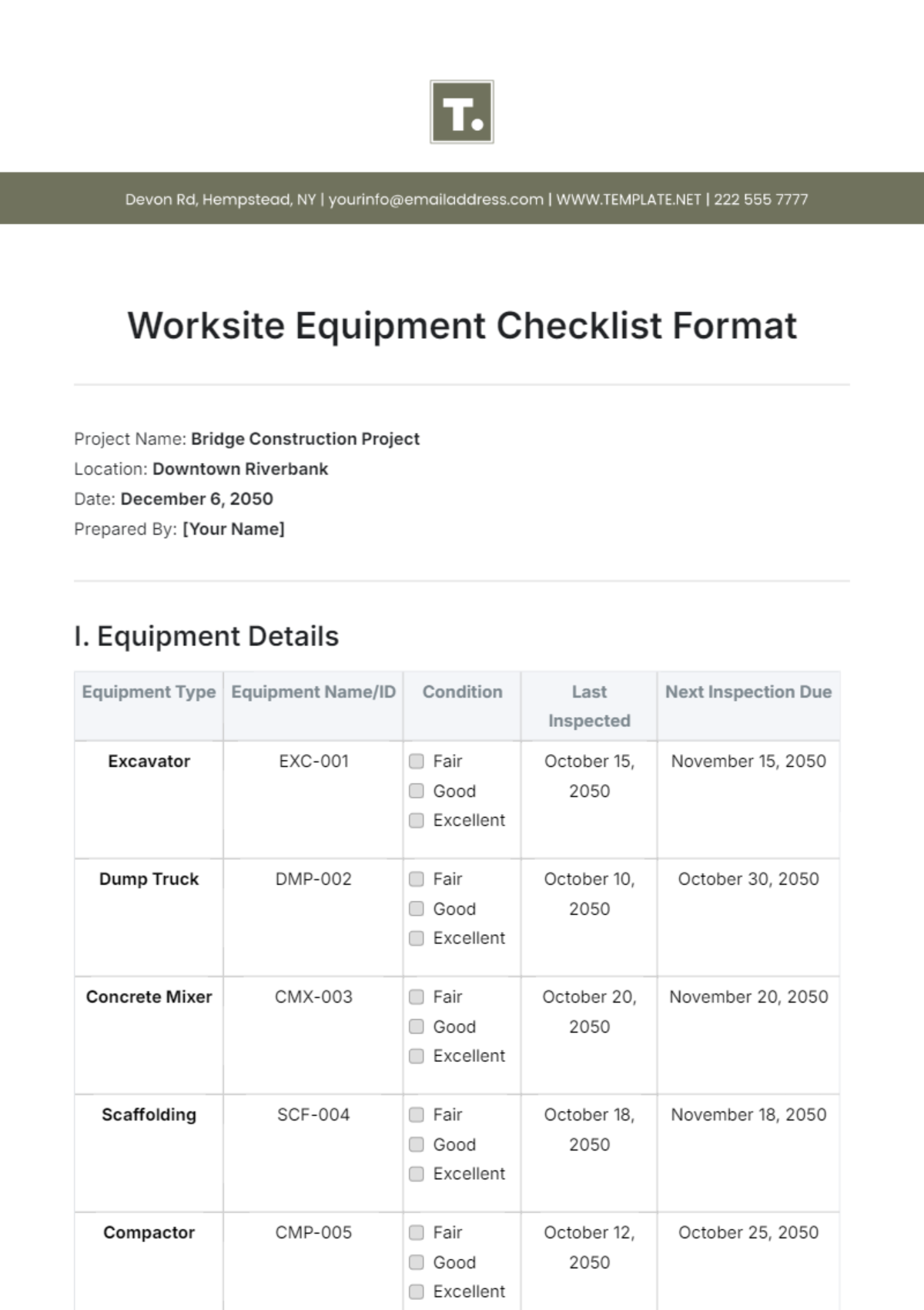 Worksite Equipment Checklist Format Template