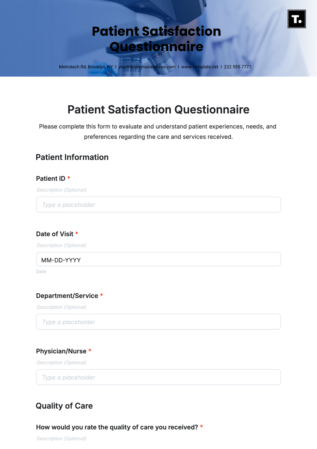 Patient Satisfaction Questionnaire Template - Edit Online & Download