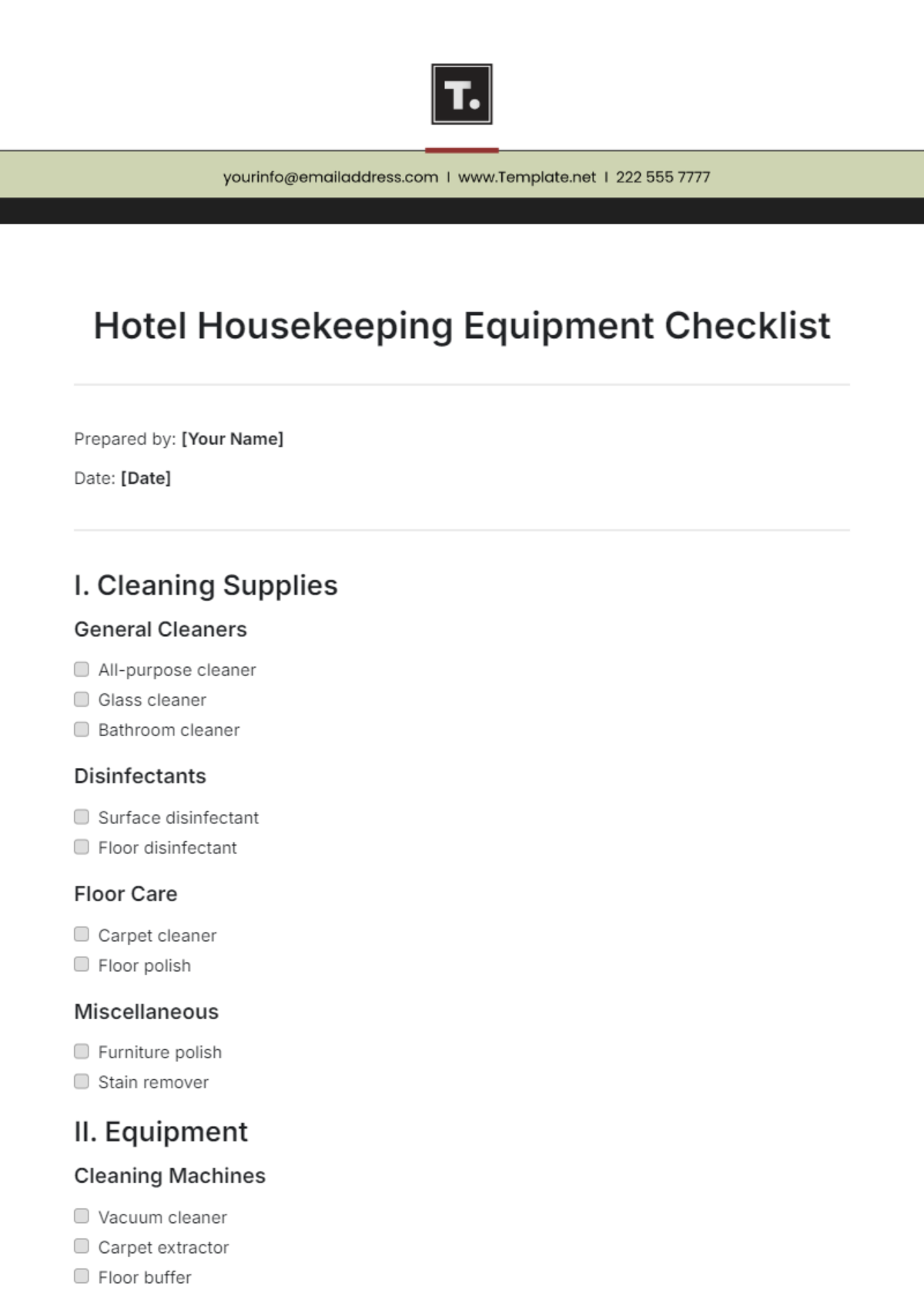 Hotel Housekeeping Equipment Checklist Template