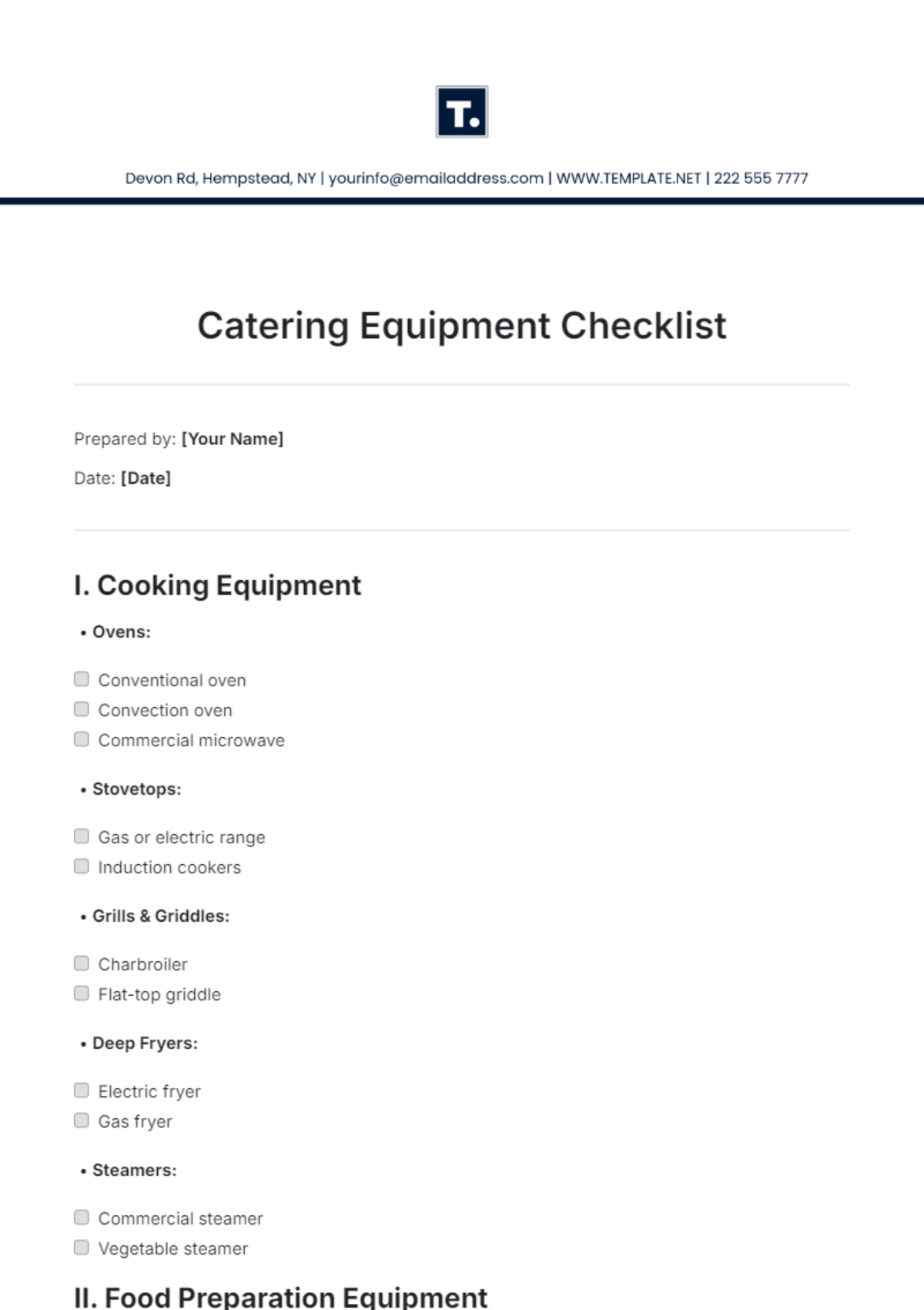 Catering Equipment Checklist Template