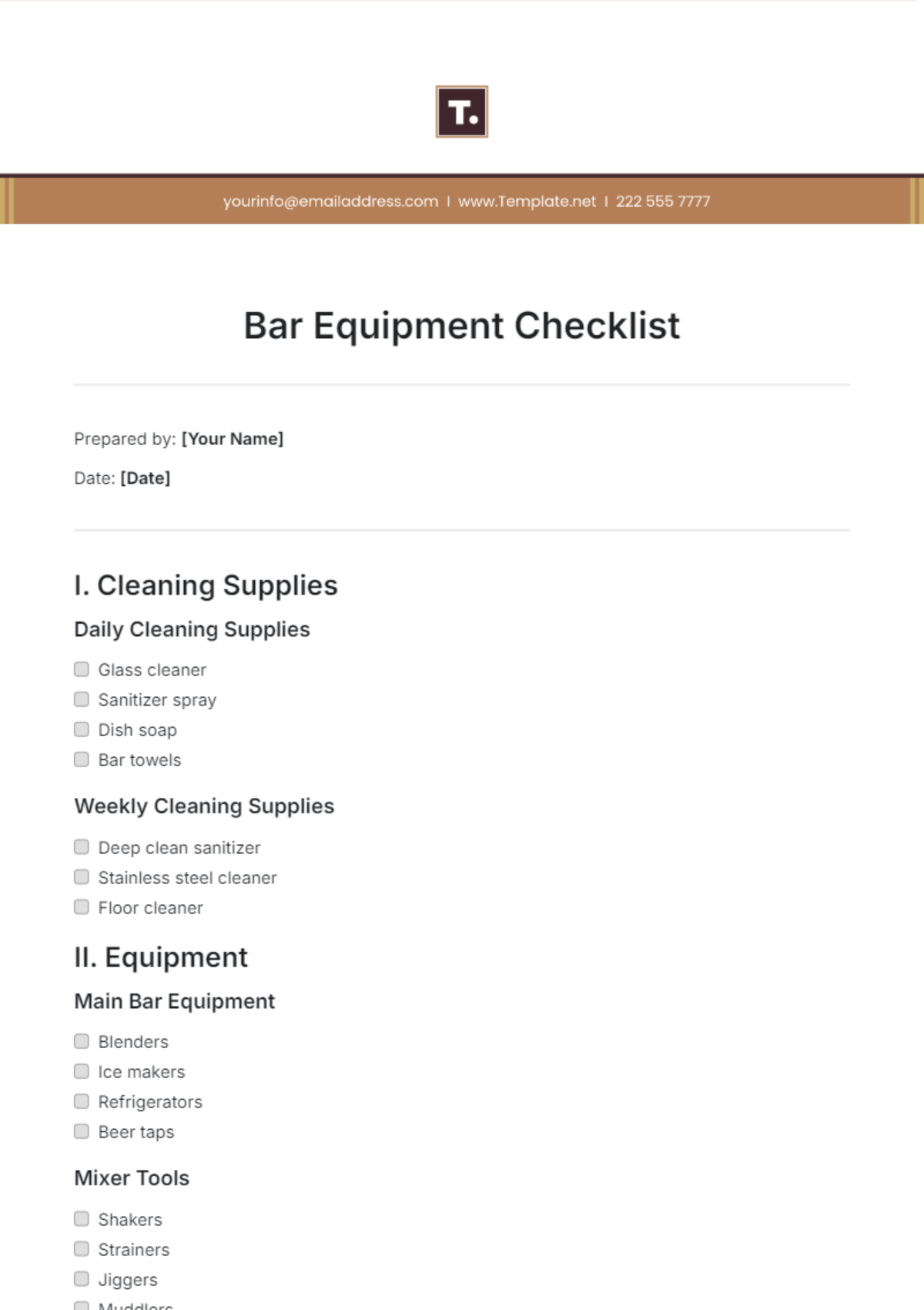 Bar Equipment Checklist Template