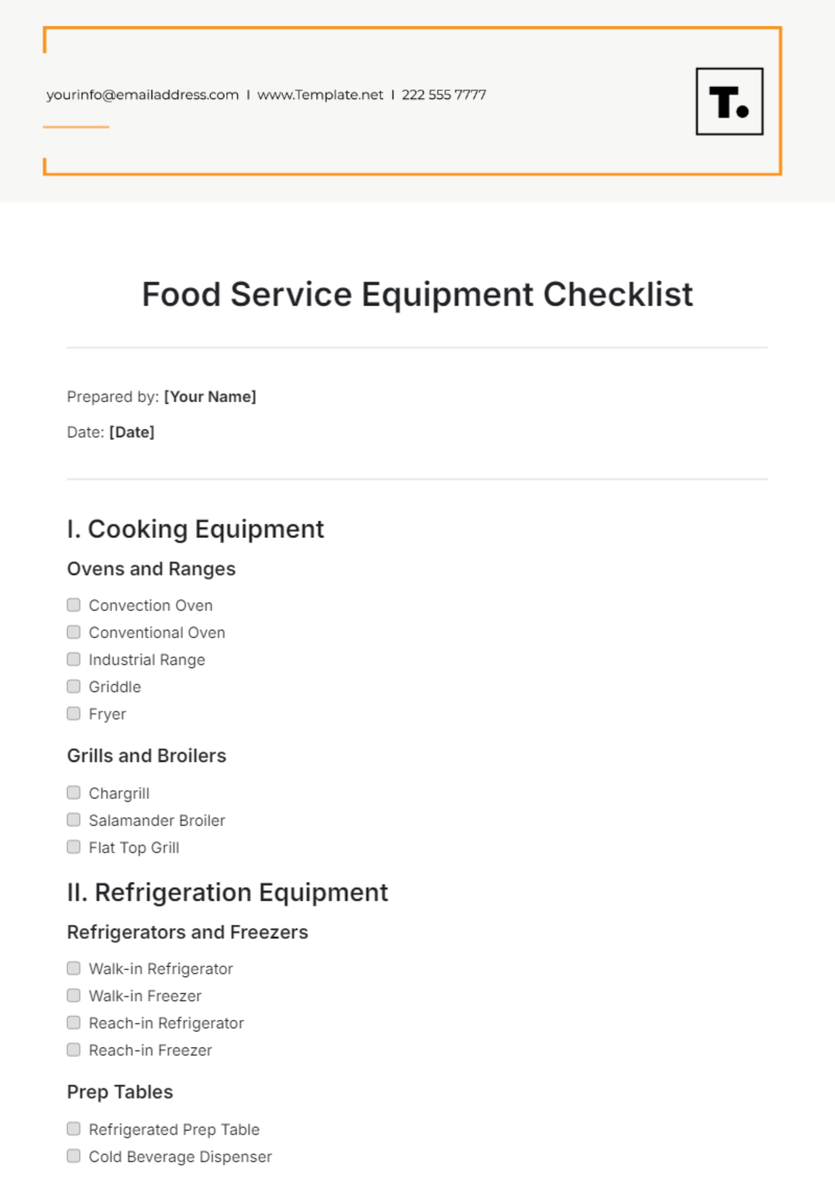 Food Service Equipment Checklist Template