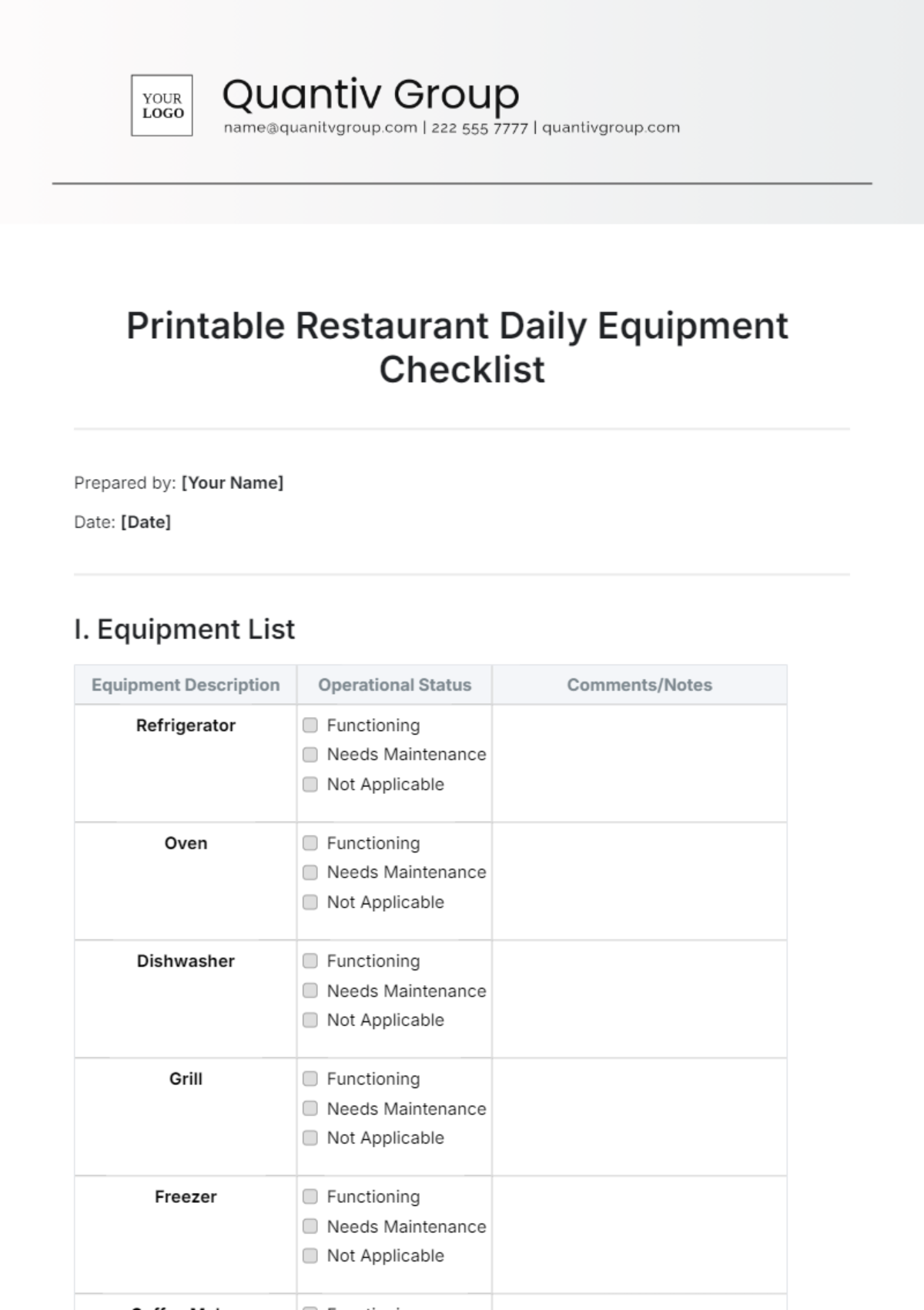 Printable Restaurant Daily Equipment Checklist Template