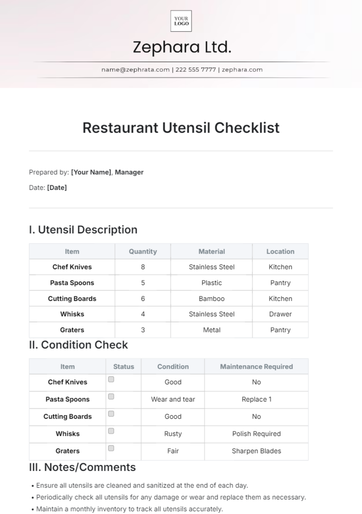 Restaurant Utensil Checklist Template