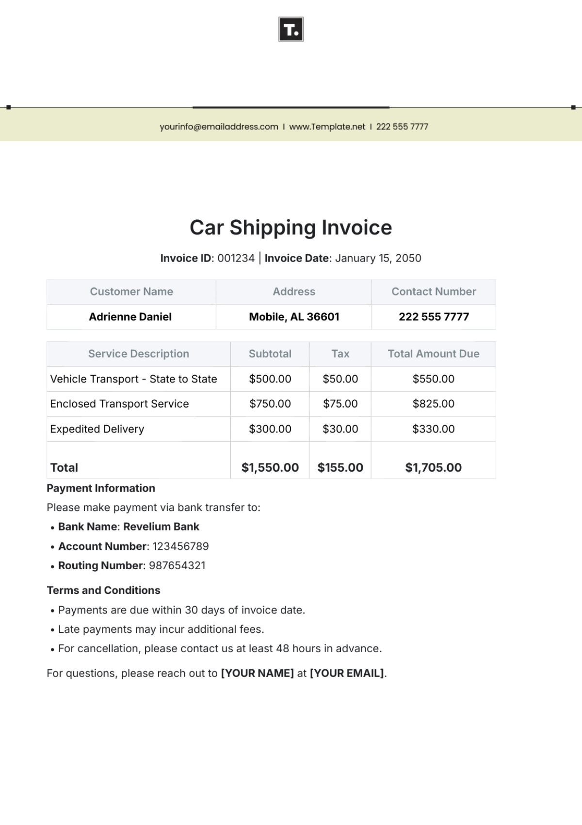 Car Shipping Invoice Template - Edit Online & Download