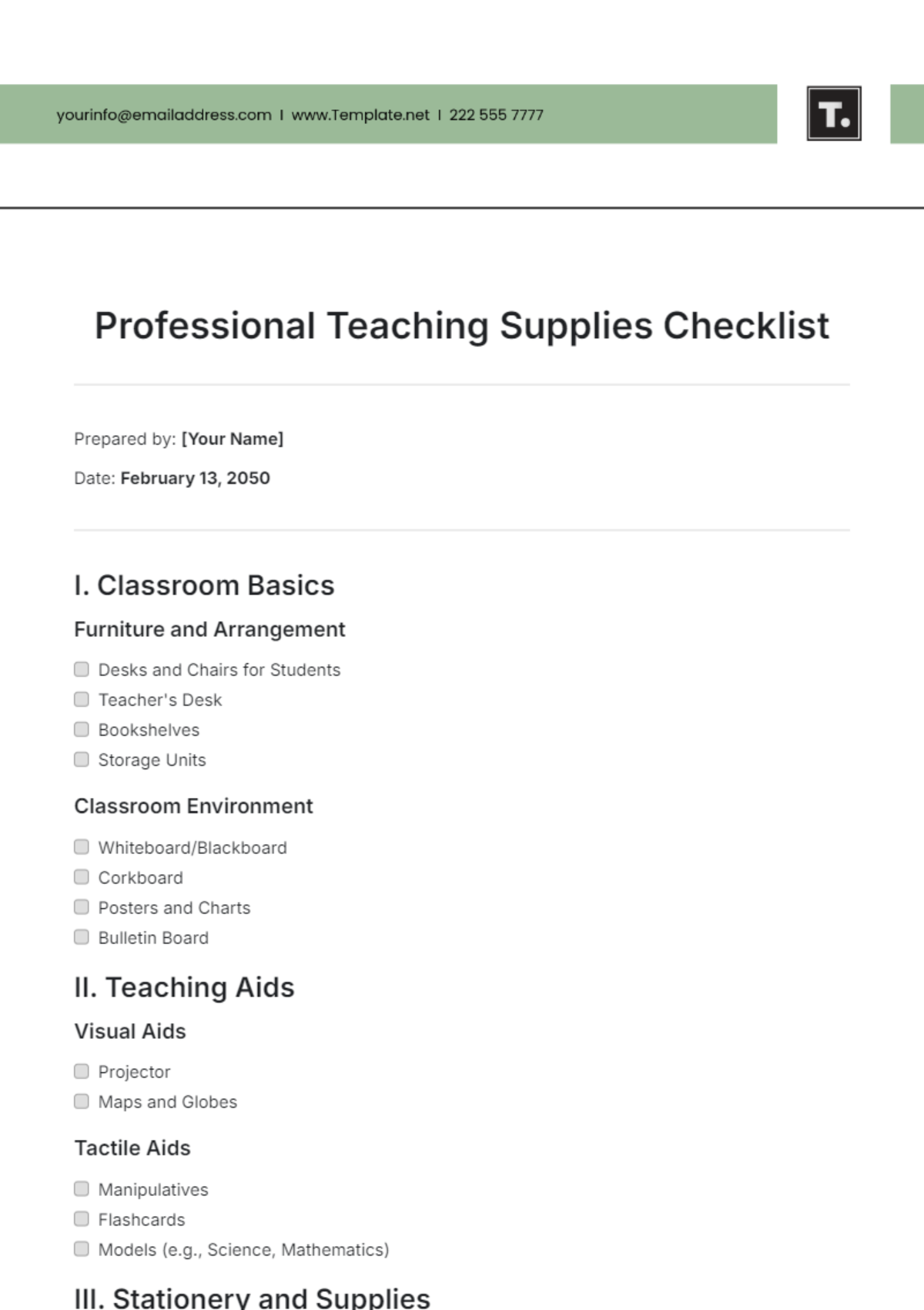 Professional Teaching Supplies Checklist Template