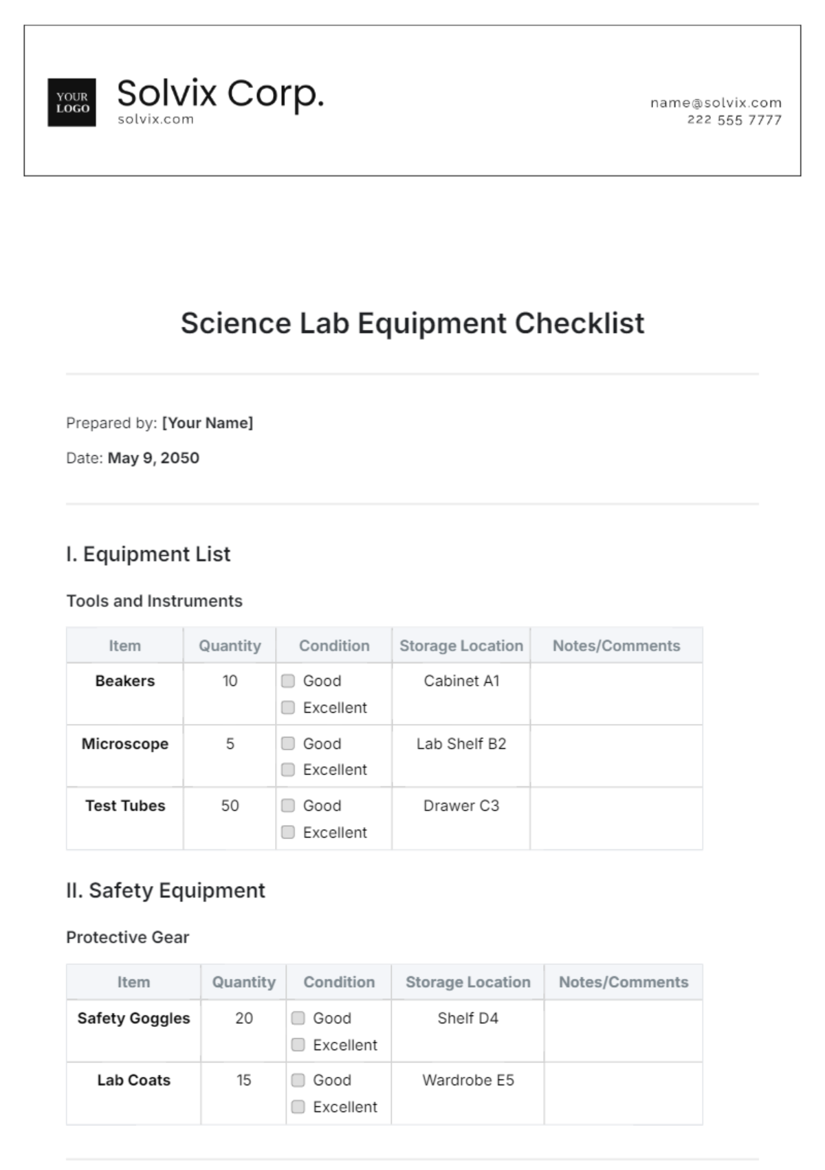 Science Lab Equipment Checklist Template