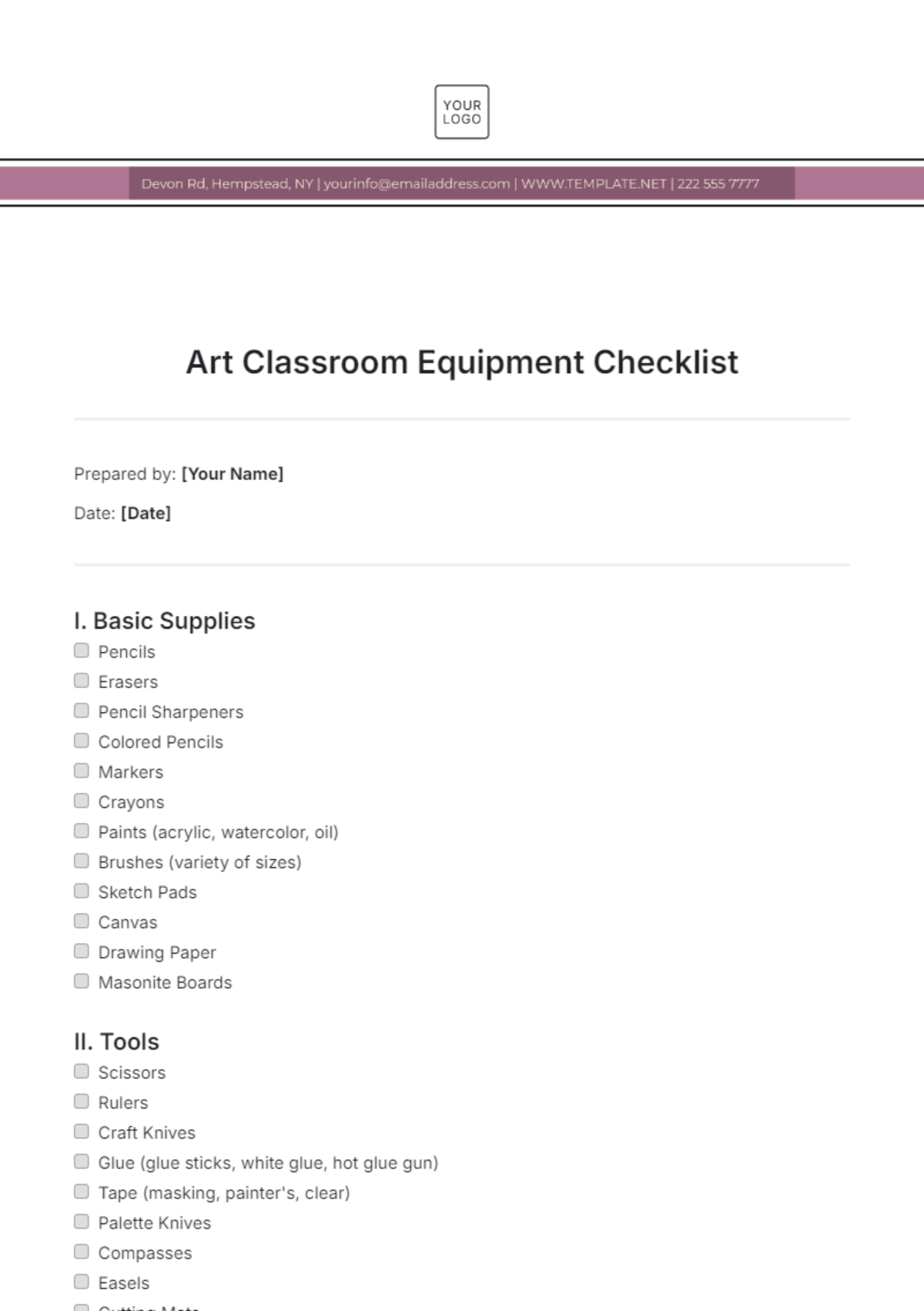 Art Classroom Equipment Checklist Template