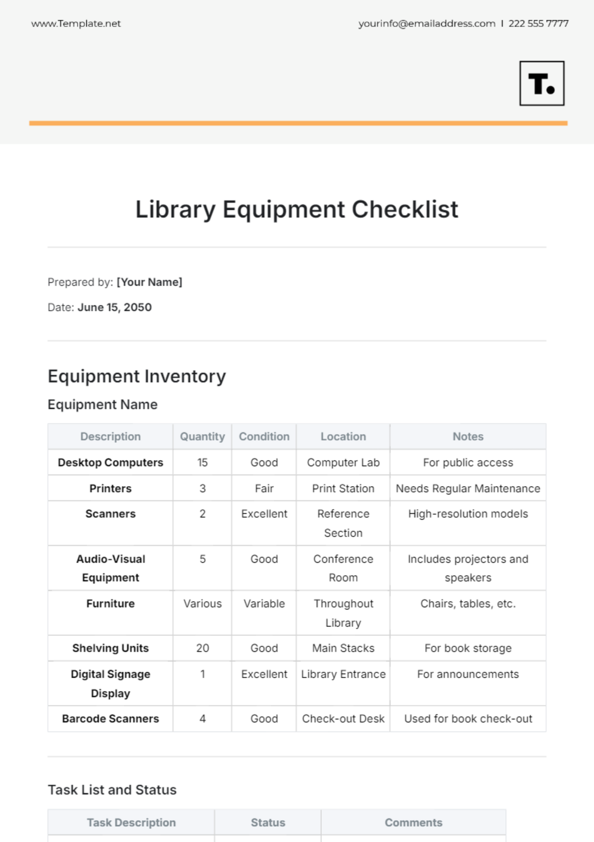 Library Equipment Checklist Template