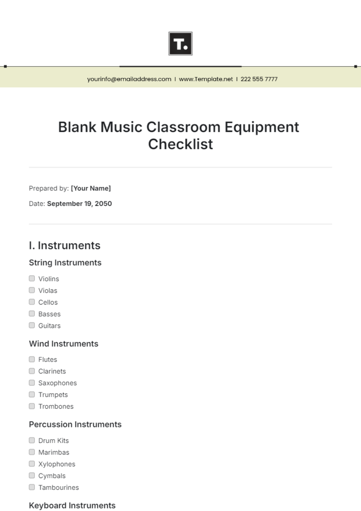 Blank Music Classroom Equipment Checklist Template