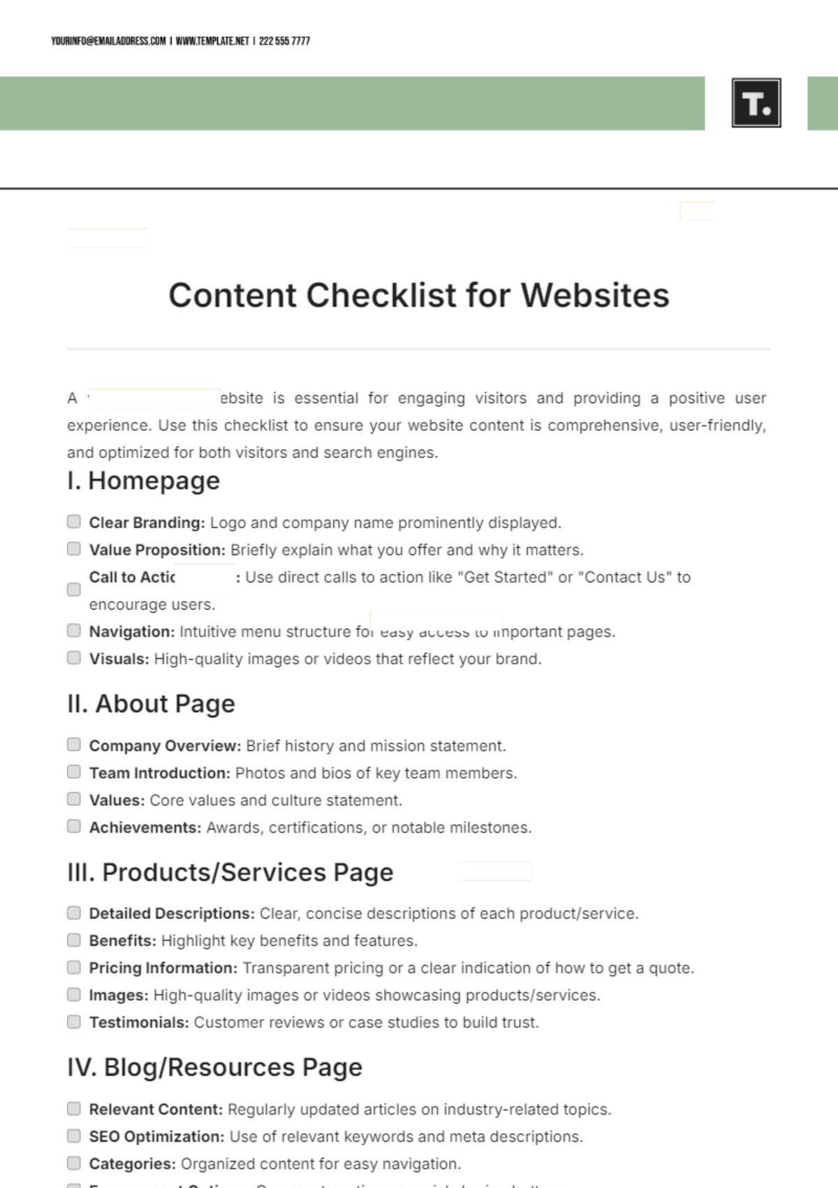 Content Checklist for Websites Template - Edit Online & Download