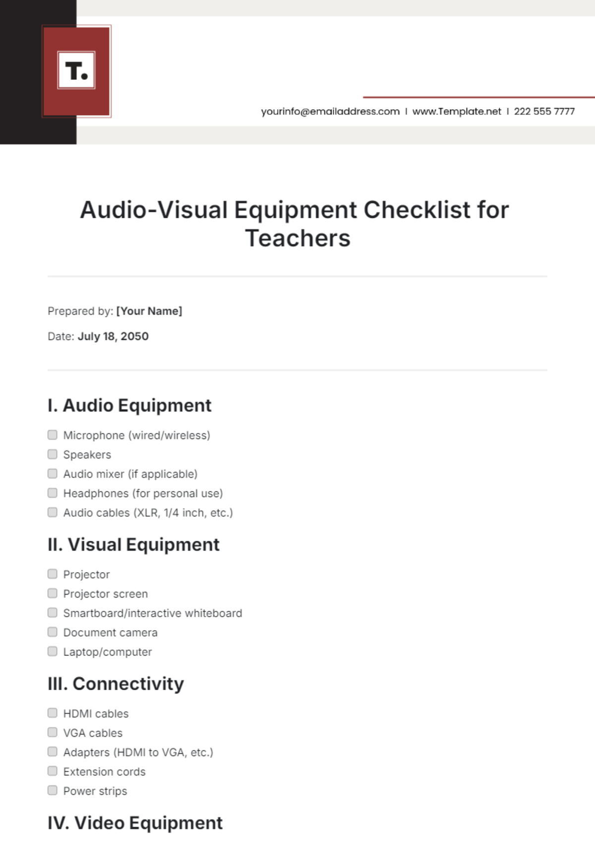 Audio-Visual Equipment Checklist for Teachers Template