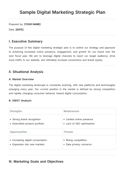 Free Sample Digital Marketing Strategic Plan Template to Edit Online