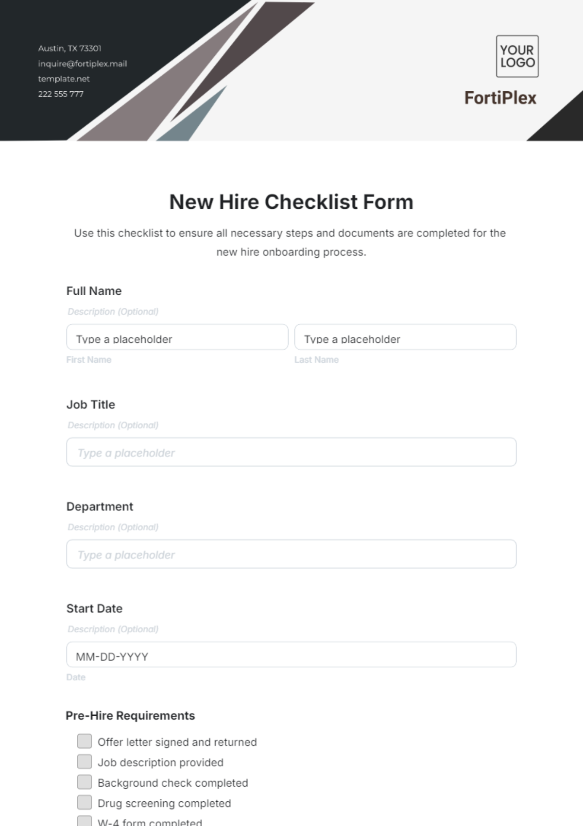 New Hire Checklist Form Template