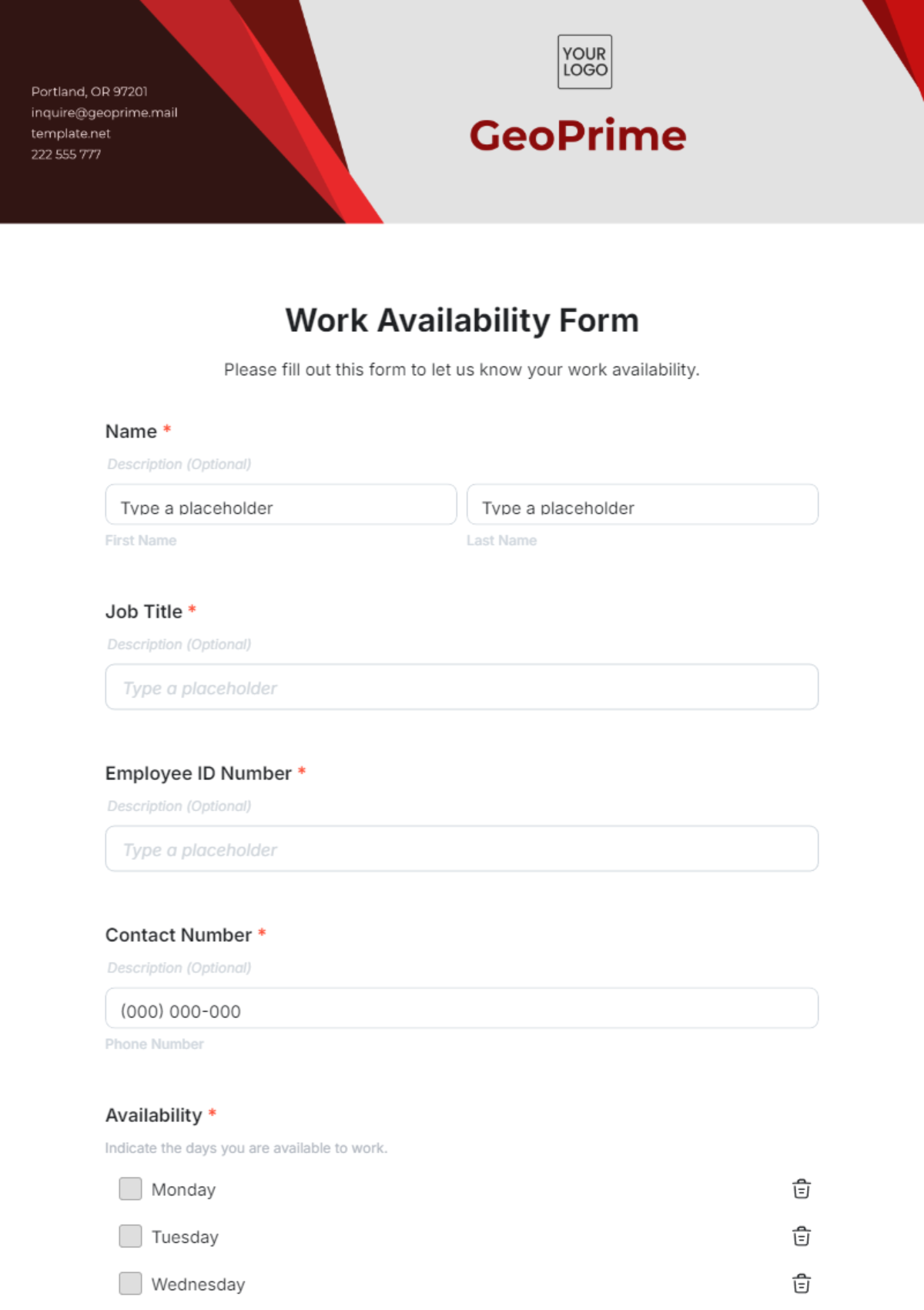 Work Availability Form Template