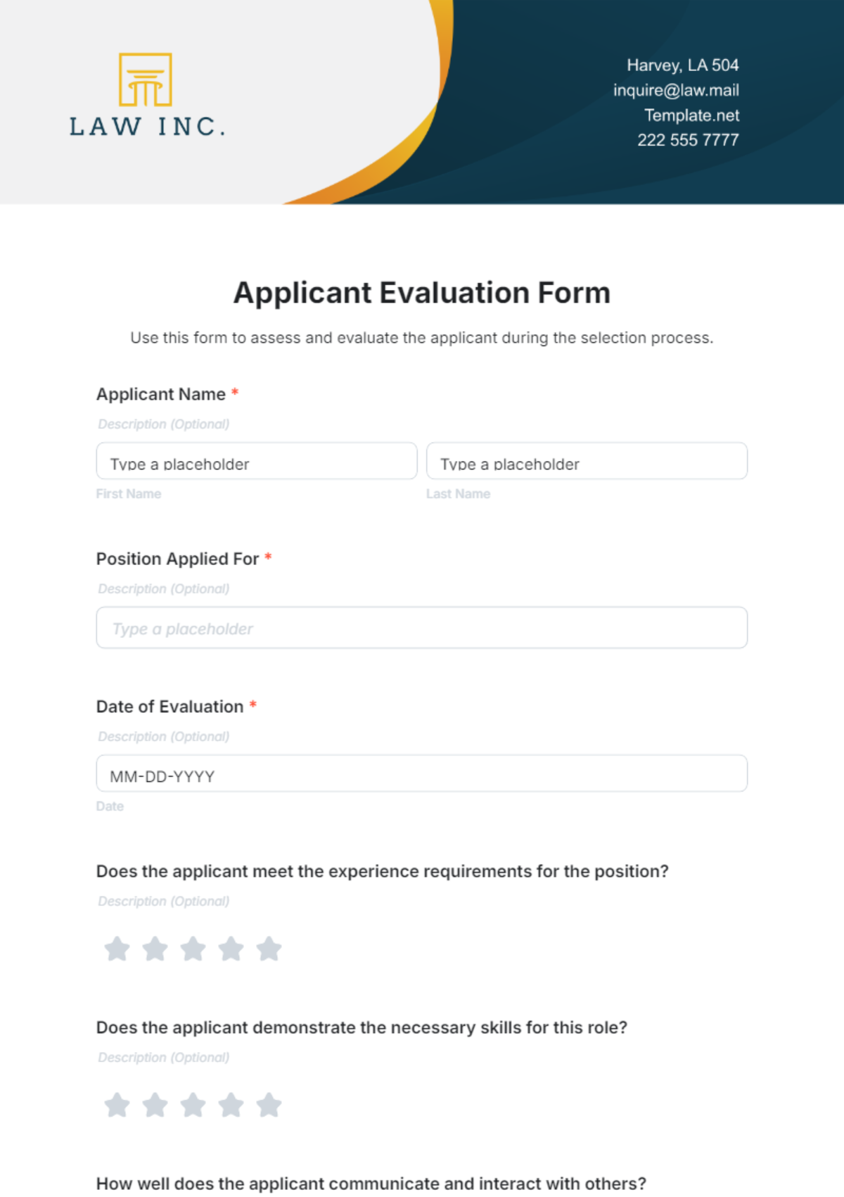 Applicant Evaluation Form Template