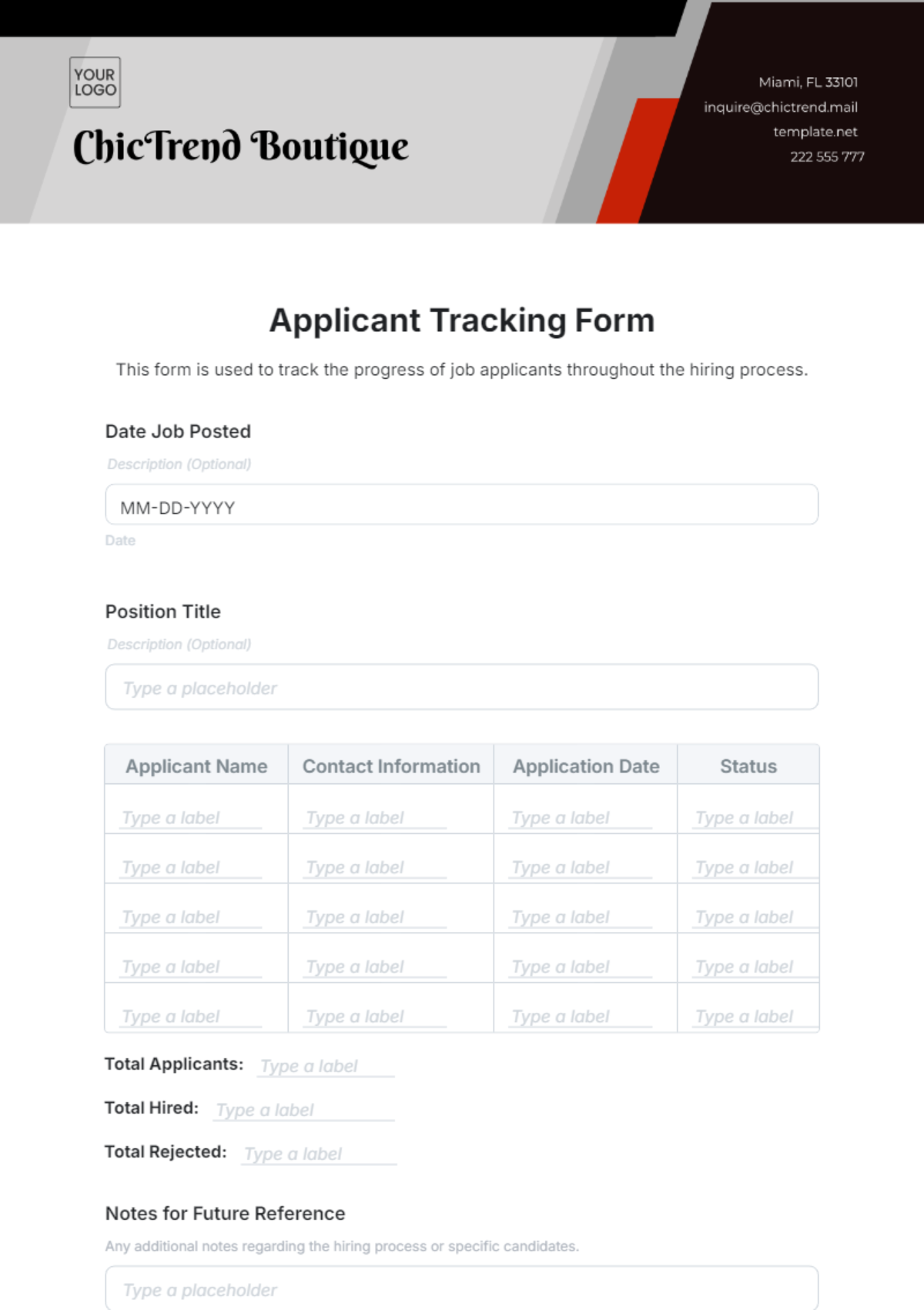 Free Applicant Tracking Form Template - Edit Online & Download ...