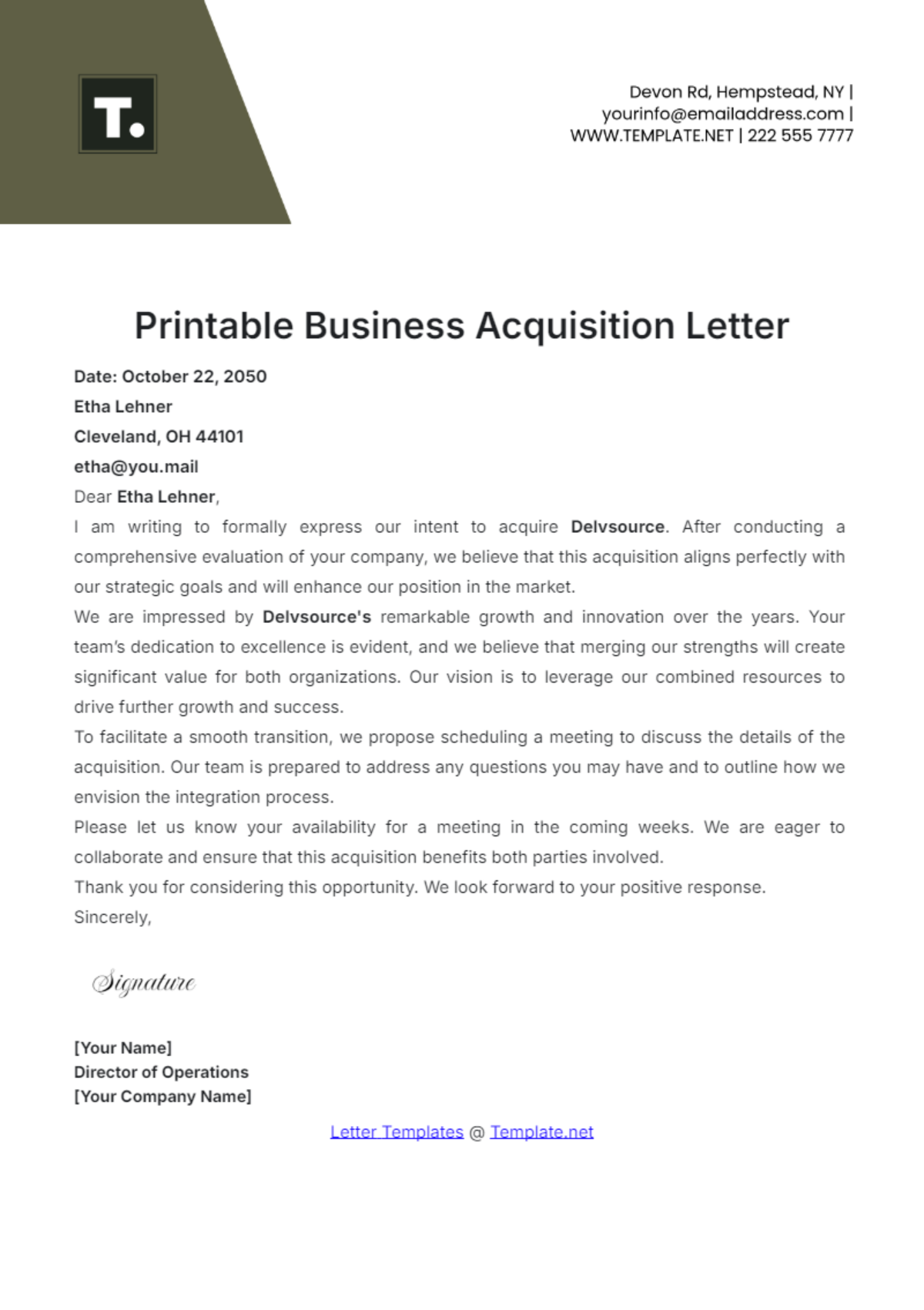 Printable Business Acquisition Letter Template - Edit Online & Download