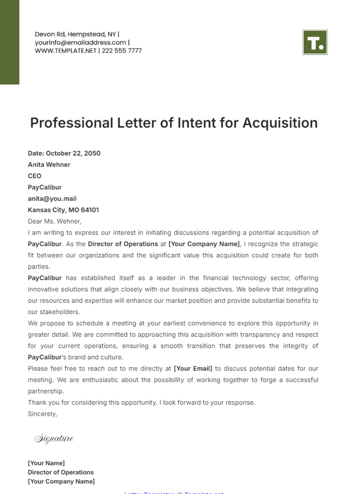 Professional Letter of Intent for Acquisition Template - Edit Online & Download