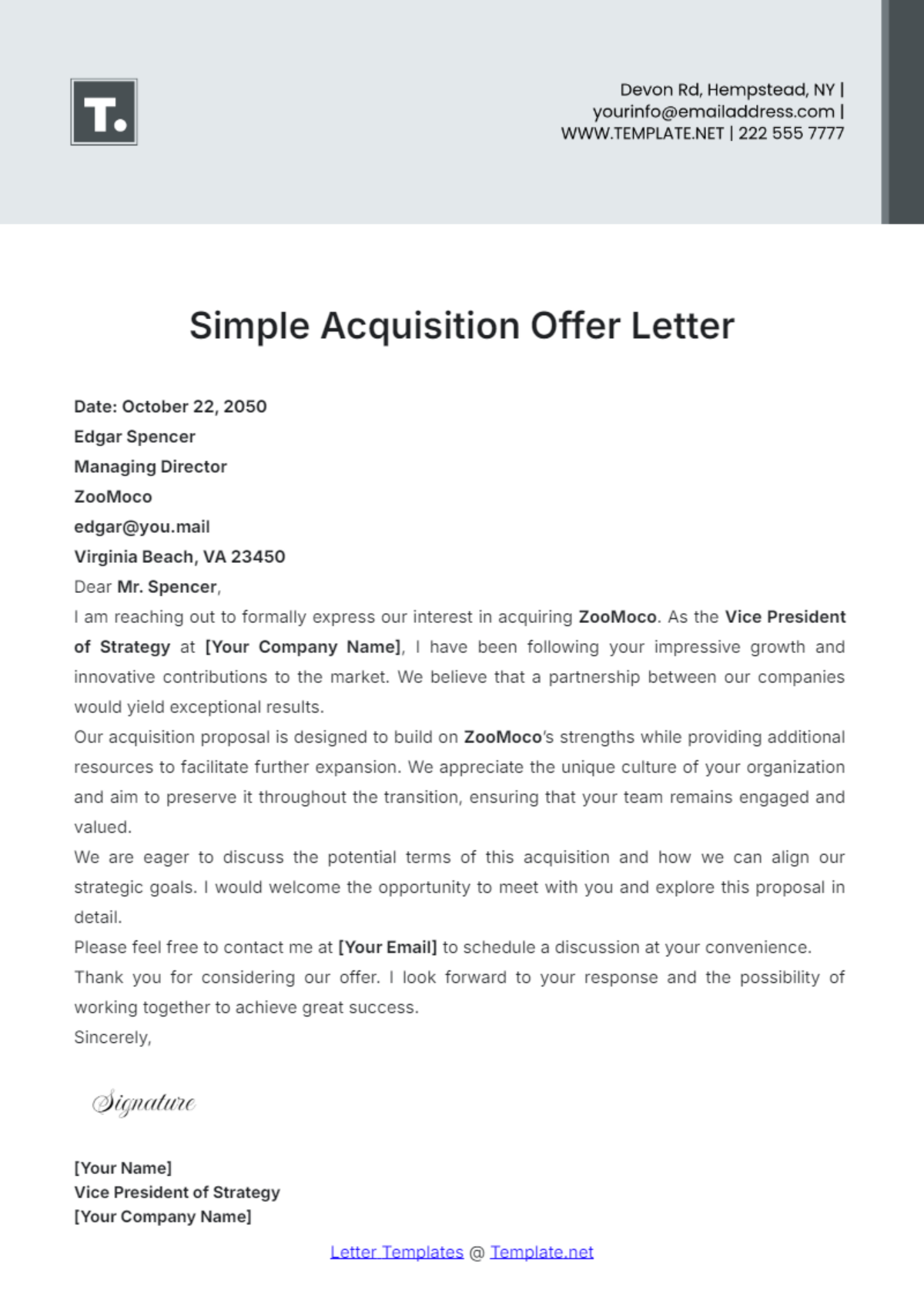 Simple Acquisition Offer Letter Template - Edit Online & Download