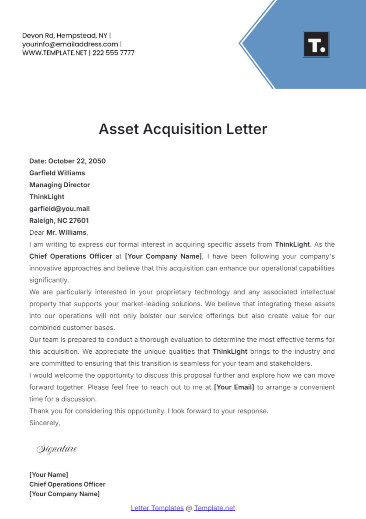 Asset Acquisition Letter Template - Edit Online & Download