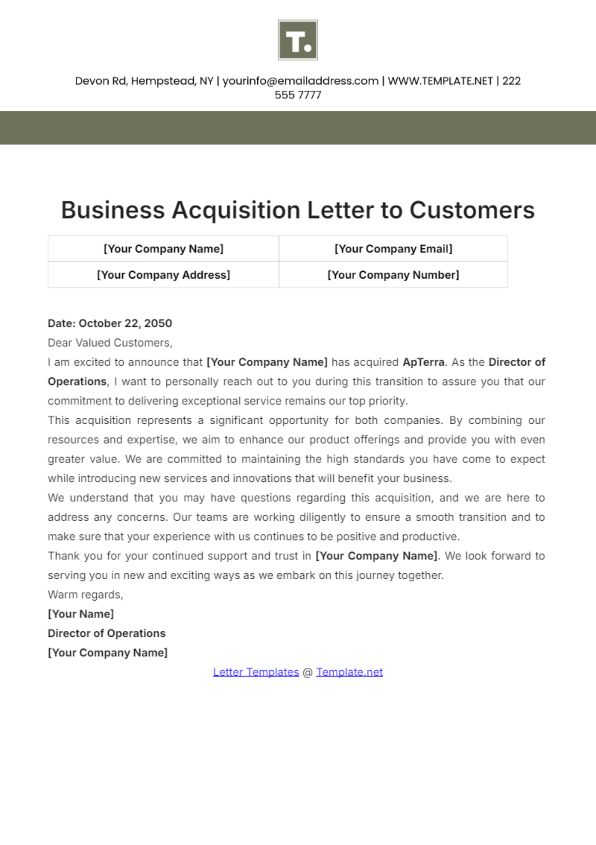 Business Acquisition Letter to Customers Template - Edit Online & Download