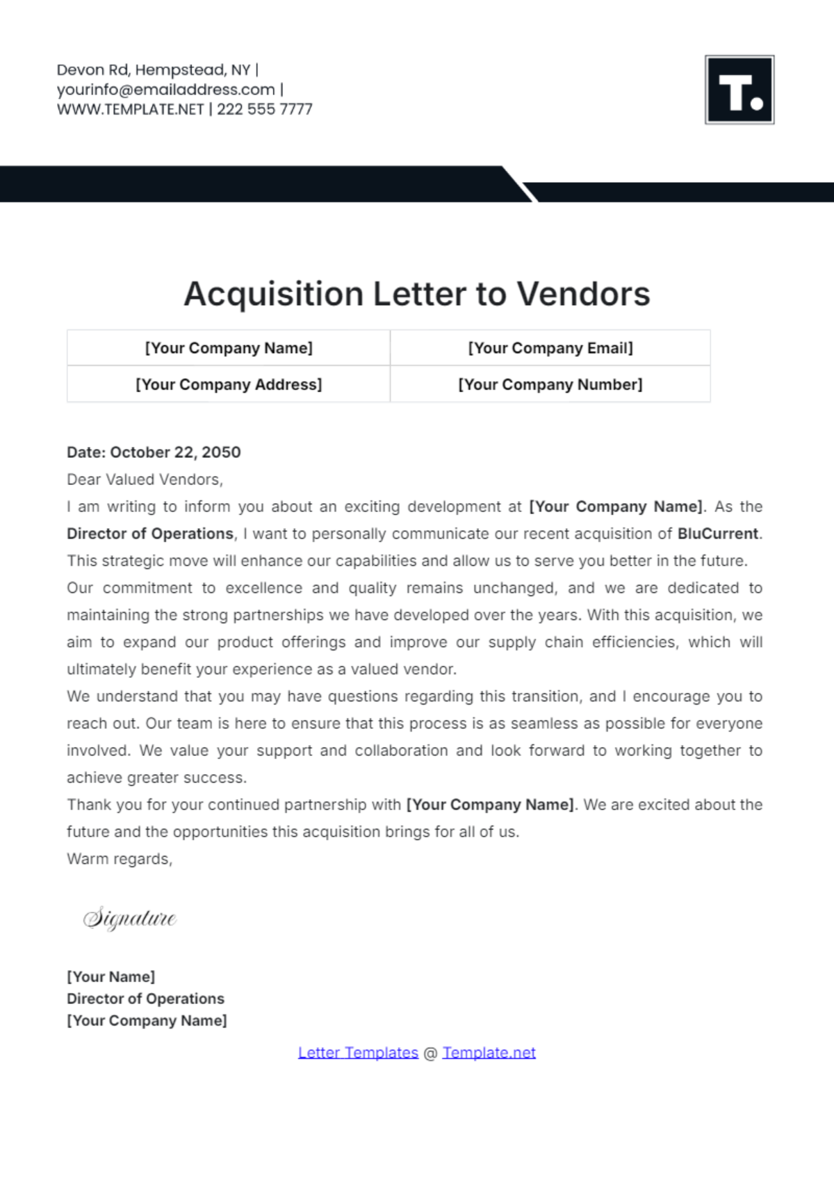 Acquisition Letter to Vendors Template - Edit Online & Download