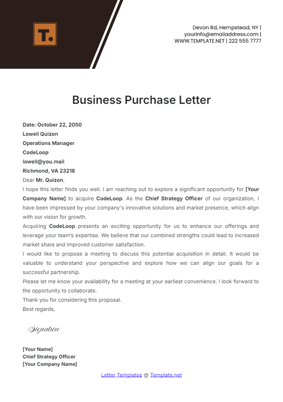 Business Purchase Letter Template - Edit Online & Download