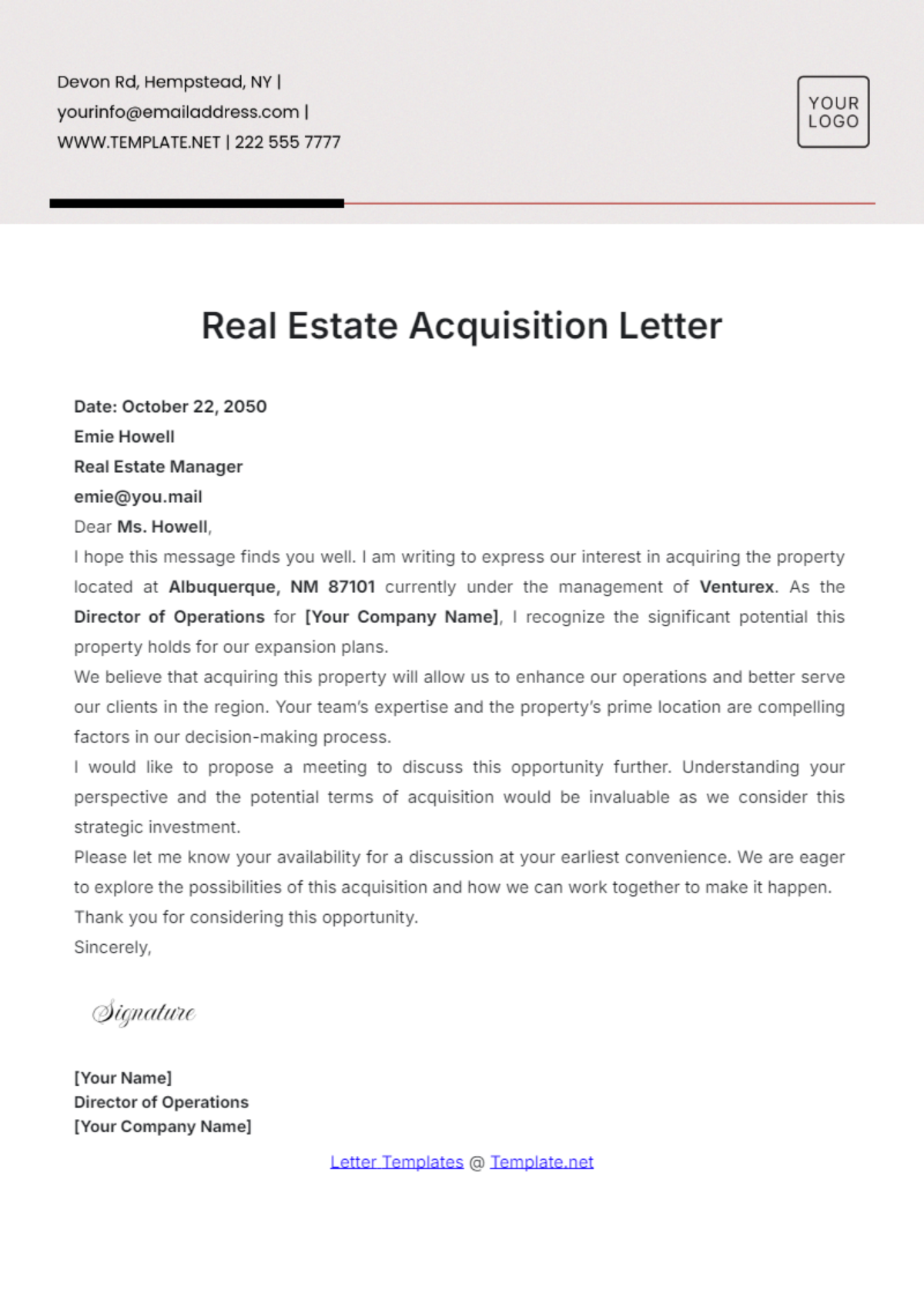 Real Estate Acquisition Letter Template - Edit Online & Download