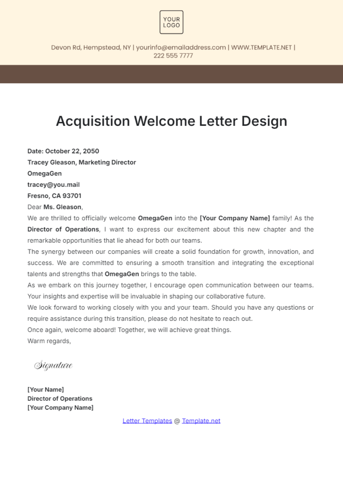 Acquisition Welcome Letter Design Template