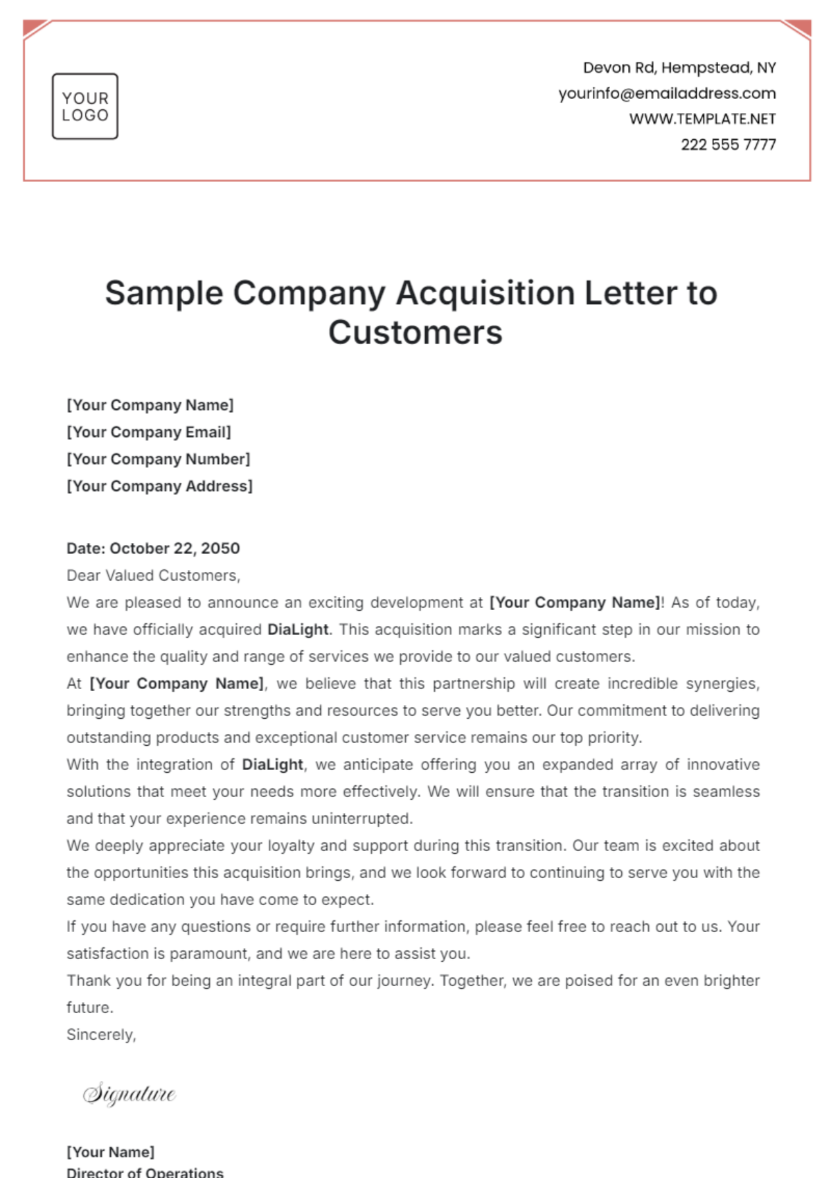 Sample Company Acquisition Letter to Customers Template