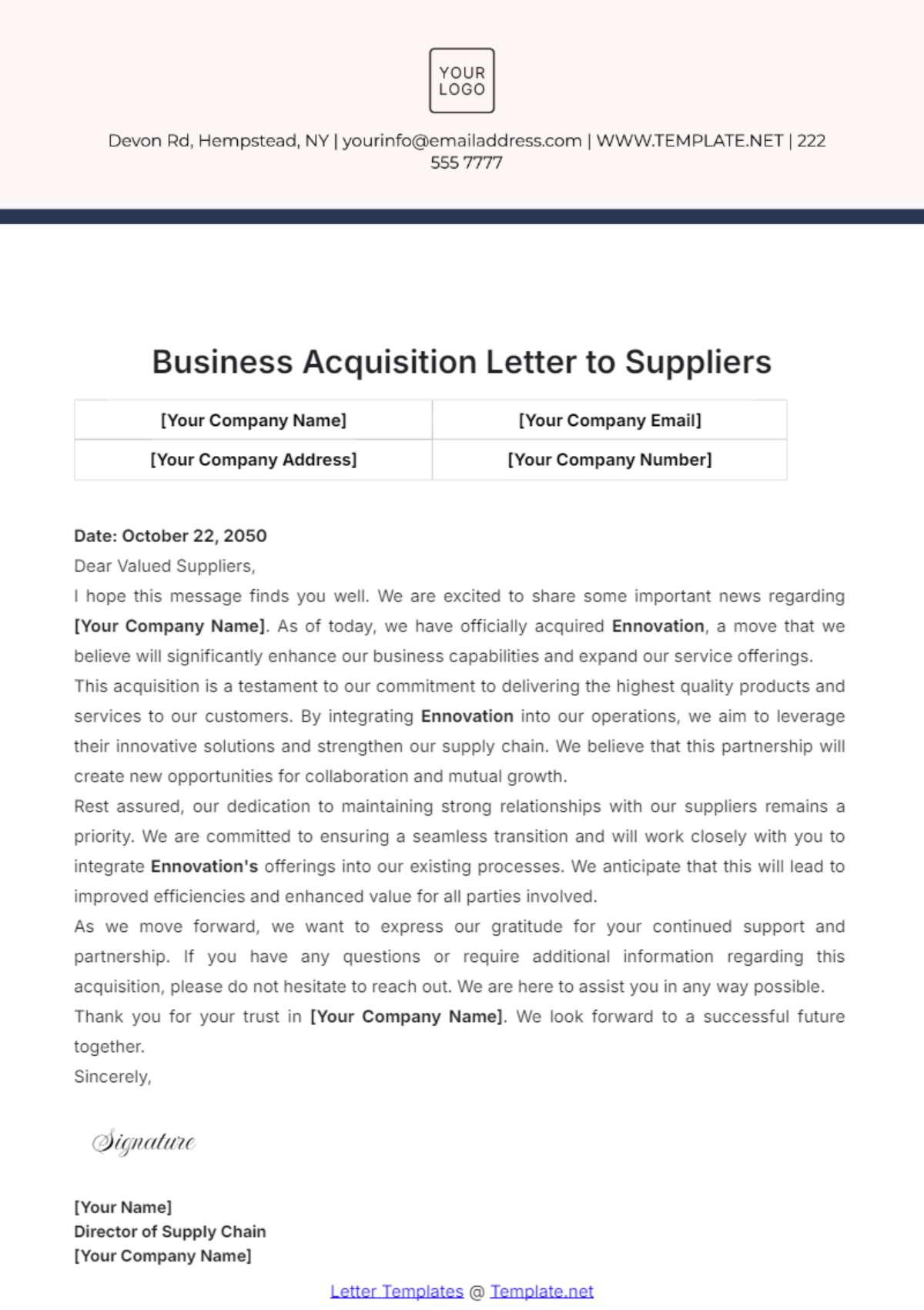 Business Acquisition Letter to Suppliers Template - Edit Online & Download