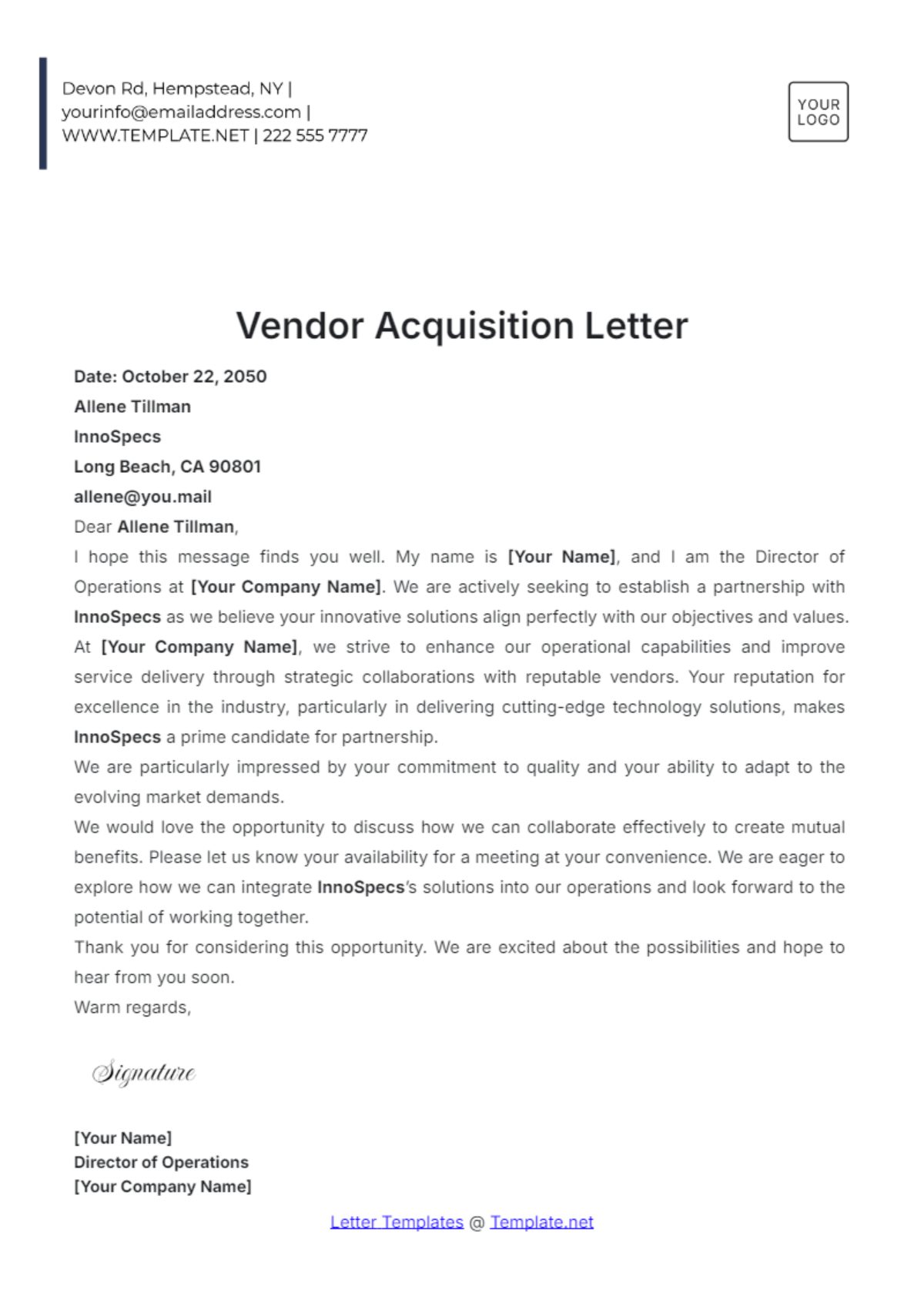 Vendor Acquisition Letter Template - Edit Online & Download